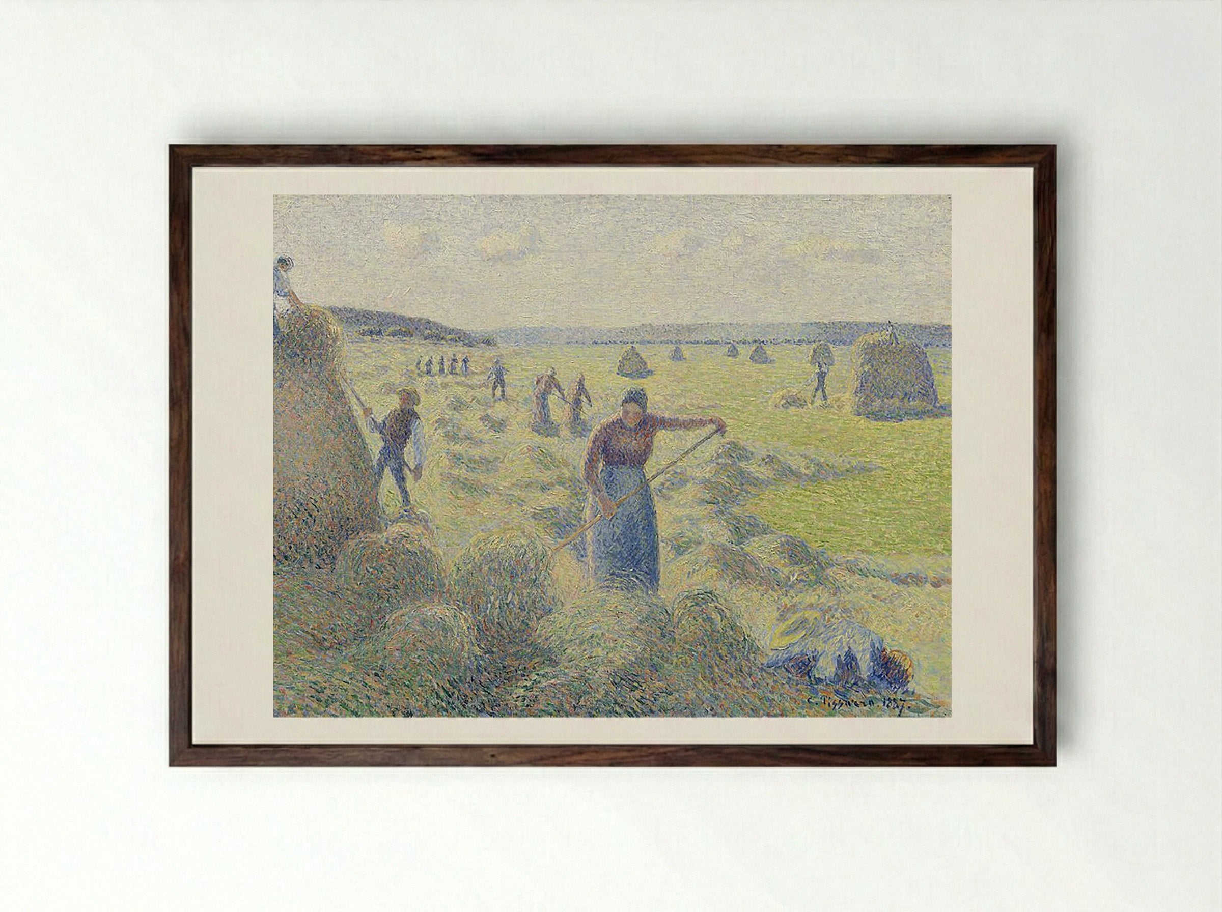 The Harvest of Hay in Eragny - Camille Pissarro - Framed Print Dark Wood