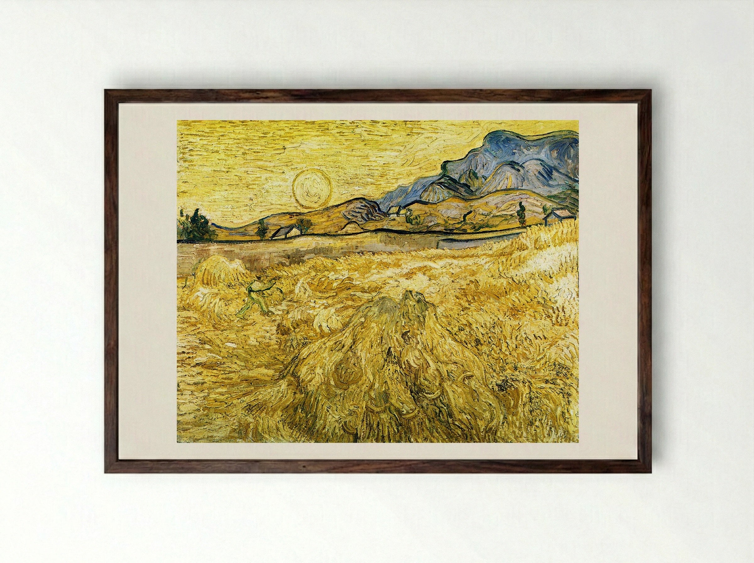 Wheat Field with Reaper - Vincent van Gogh - Framed Print Dark Wood