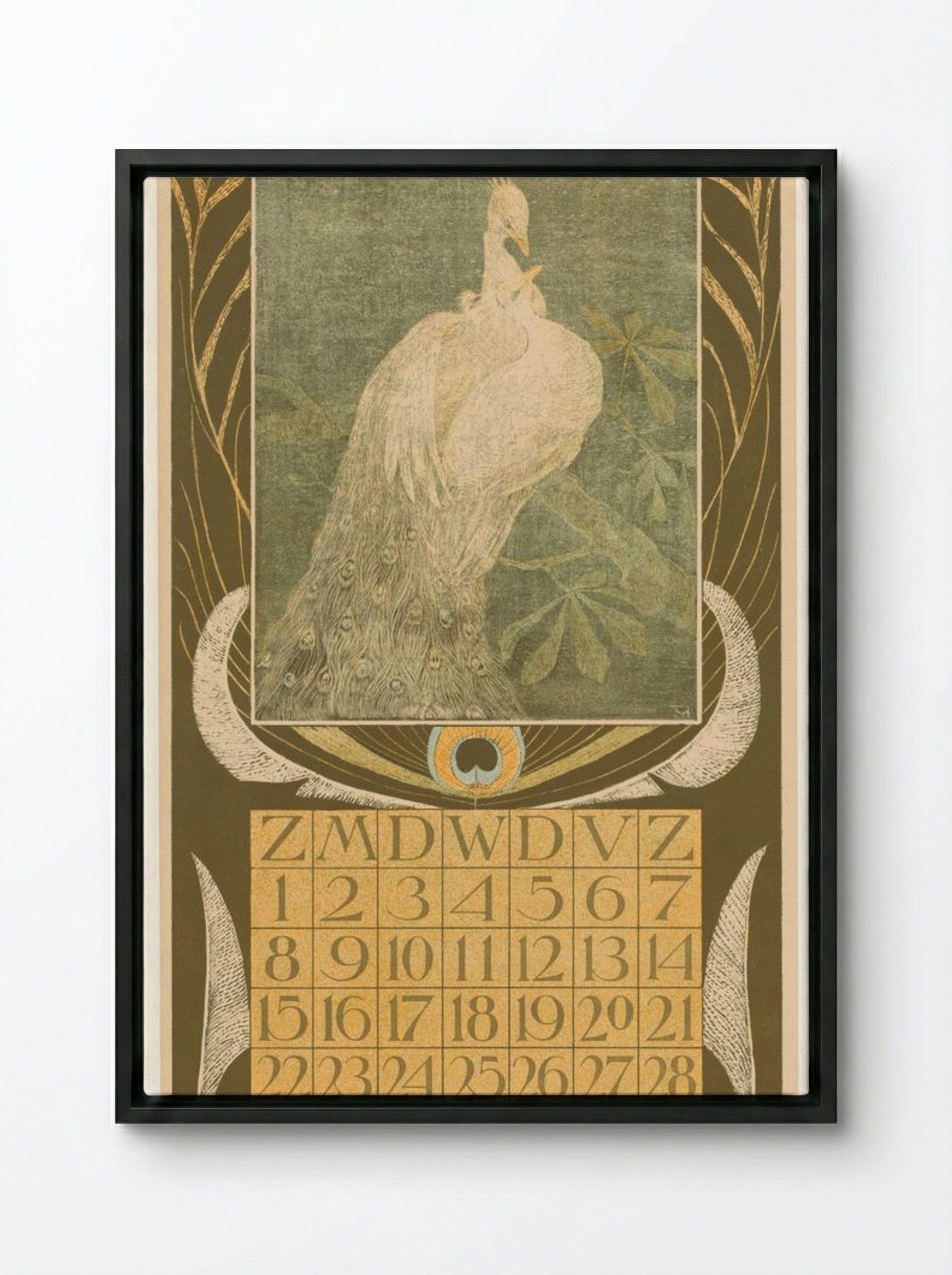 Kalenderblad Mei met Twee Pauwen - Theo van Hoytema - Framed Canvas Black