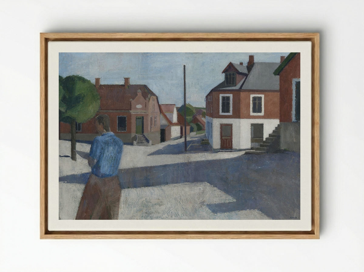 Street Scene with Figure - Erik Raadal - Framed Canvas Wood