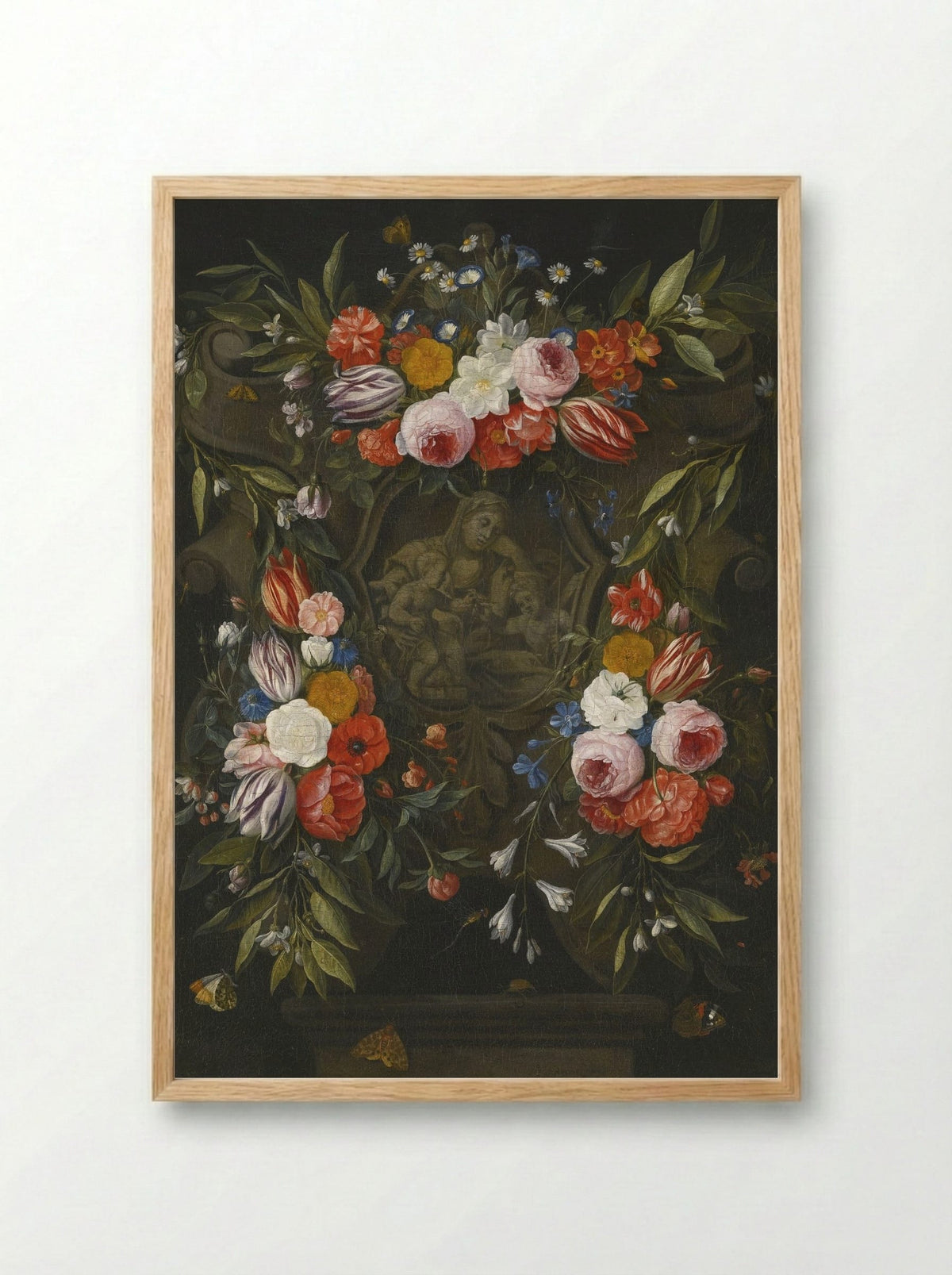 A Garland of Flowers Around a Stone Cartouche Depicting the Virgin and Child and Saint John - Jan van Kessel the Elder - Framed Print Wood