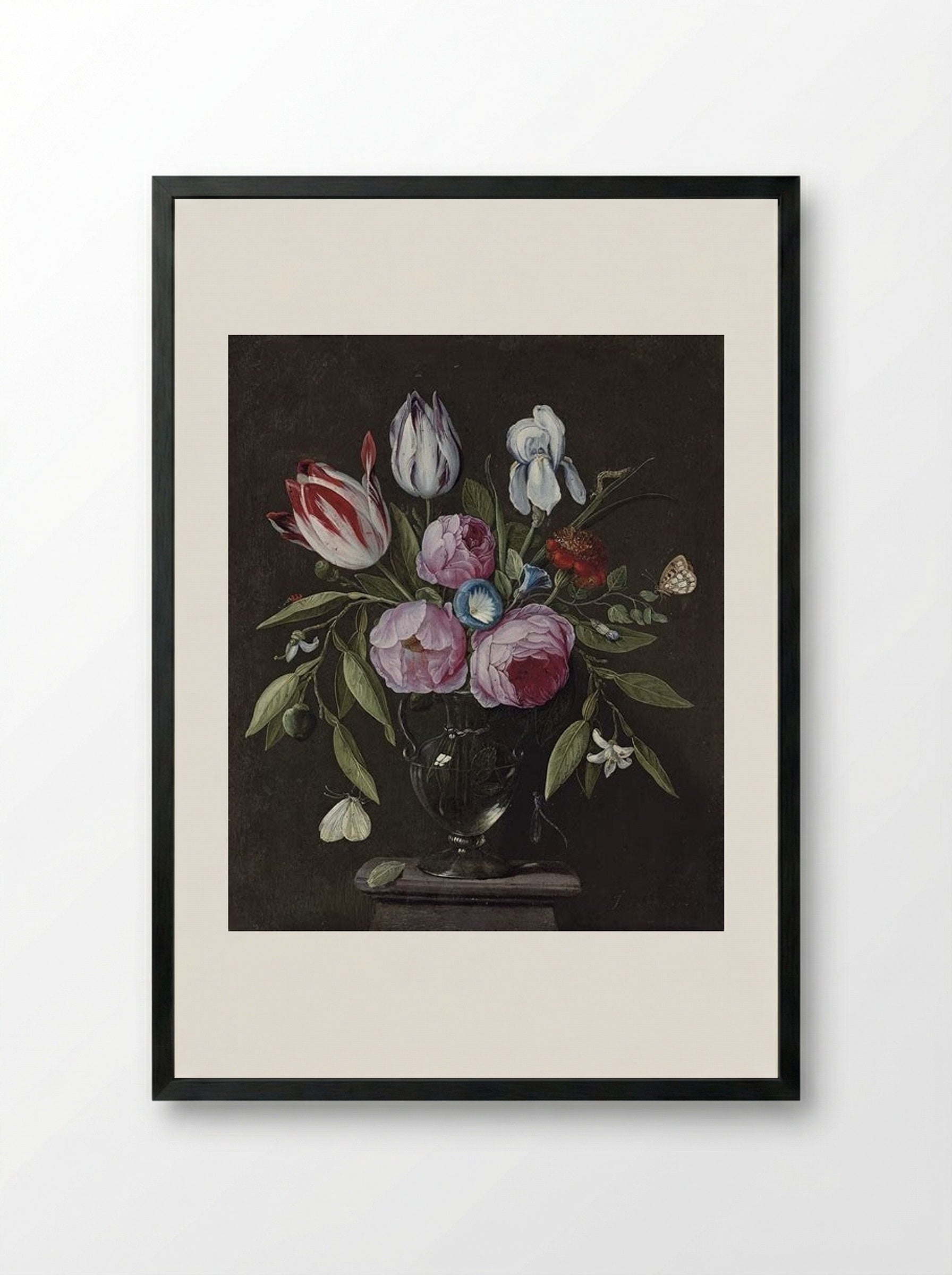 Roses, tulips, an iris and other flowers, in a glass vase on a stone plinth, with butterflies and other insects - Jan van Kessel the Elder - Framed Print Black