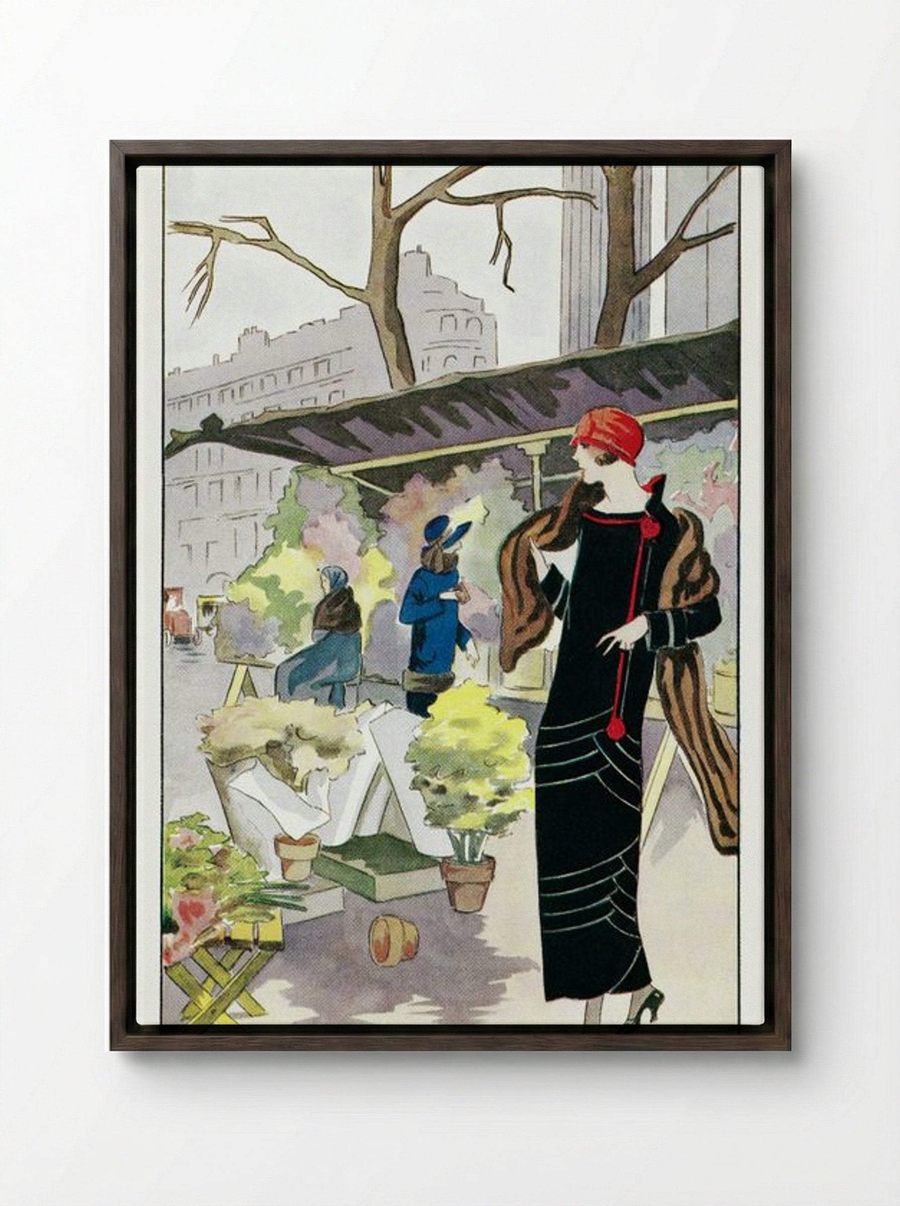 Woman in a Black Velvet Dress at a Flower Stall - Georges Léonnec - Framed Canvas Dark Wood