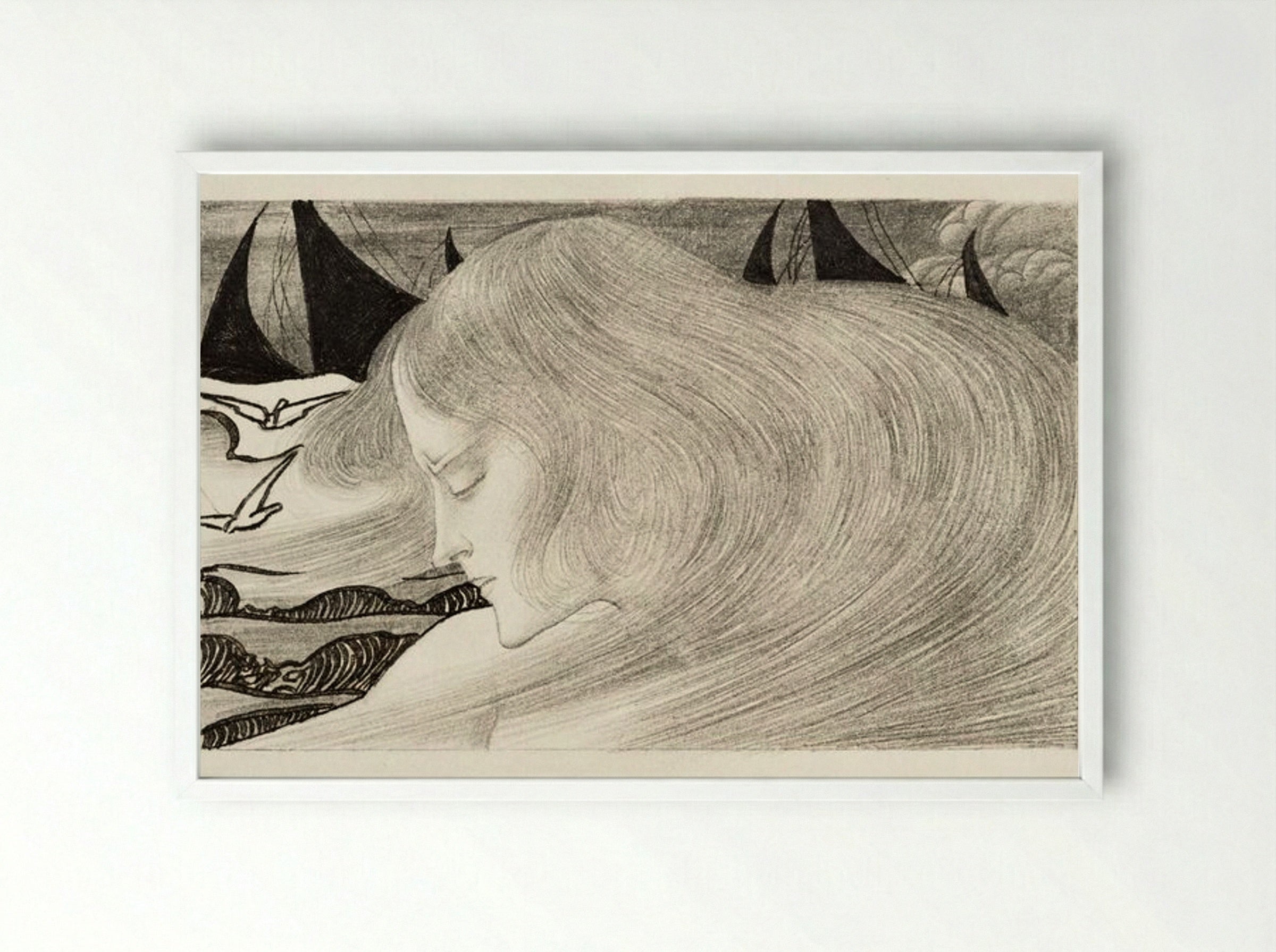 Young Woman with Wavy Hair in Front of a Sea with Ships - Jan Toorop - Framed Print White