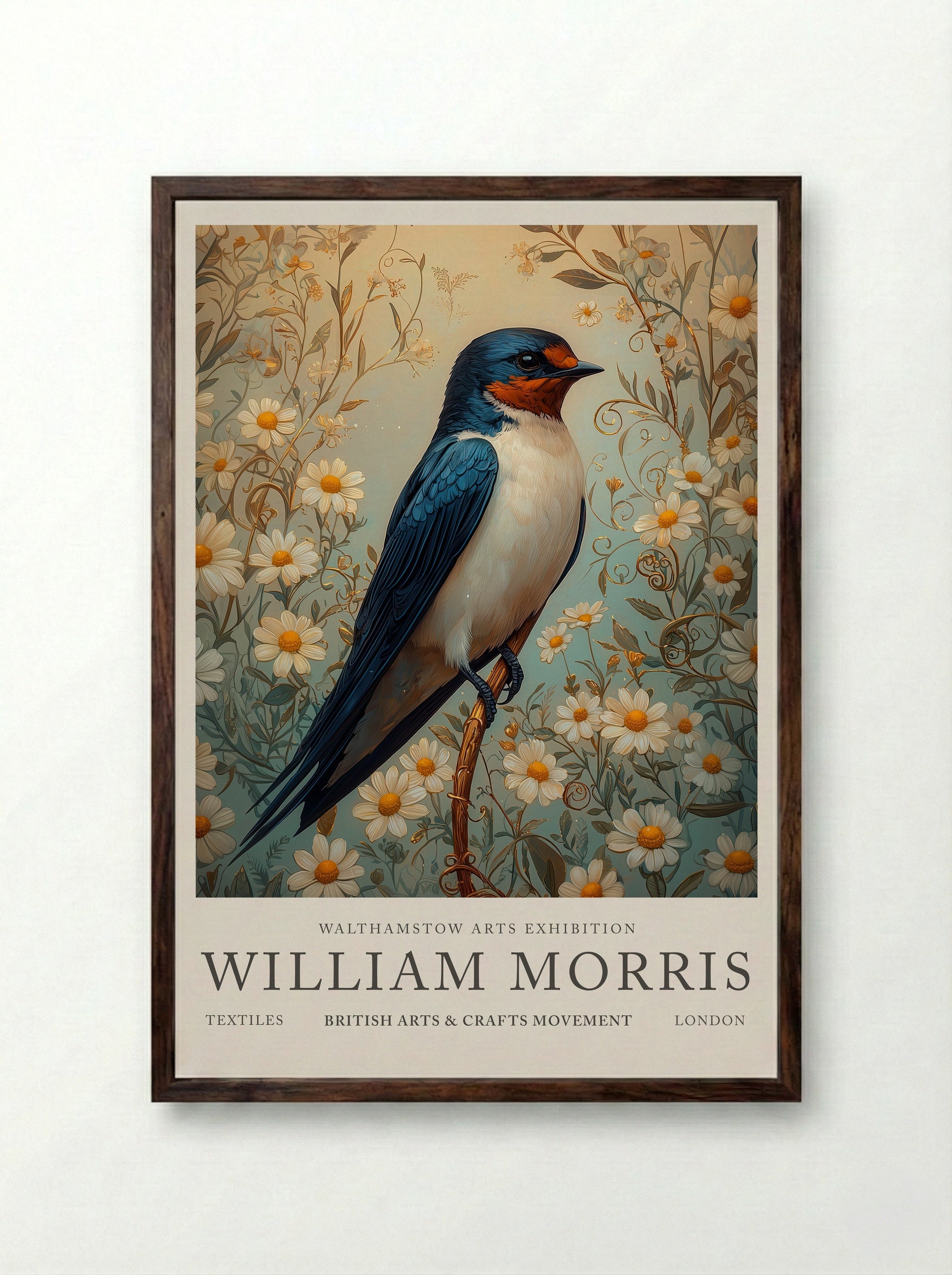 Barn Swallow Symphony - William Morris - Framed Print Dark Wood
