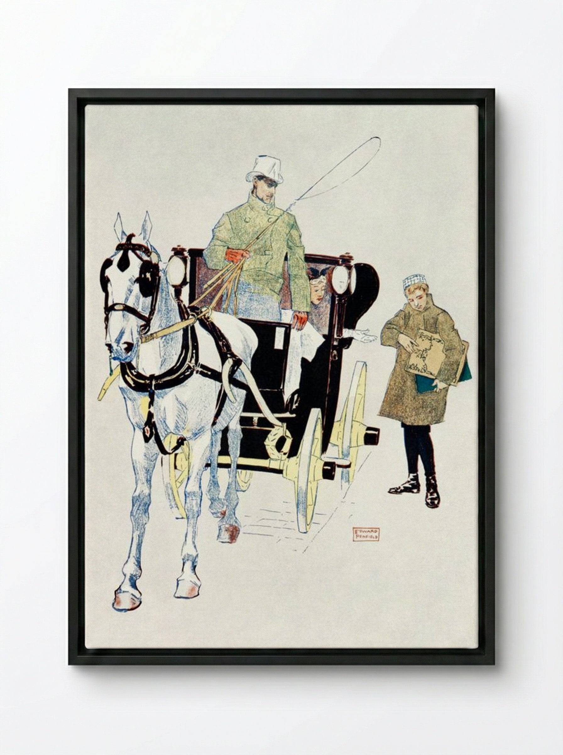 Vintage Carriage - Edward Penfield - Framed Canvas Black