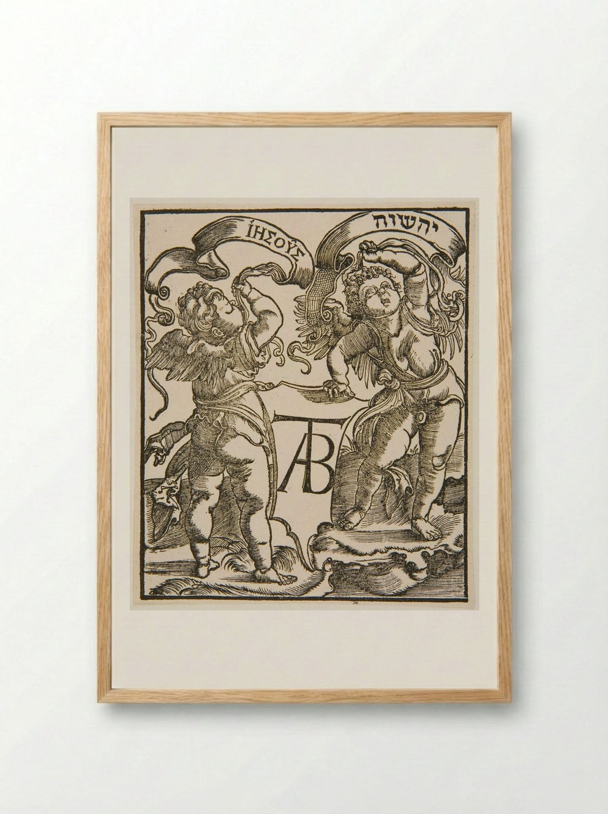 Two Angels Holding Banners with the Name Jesus - Hans Holbein the Younger - Framed Print Wood