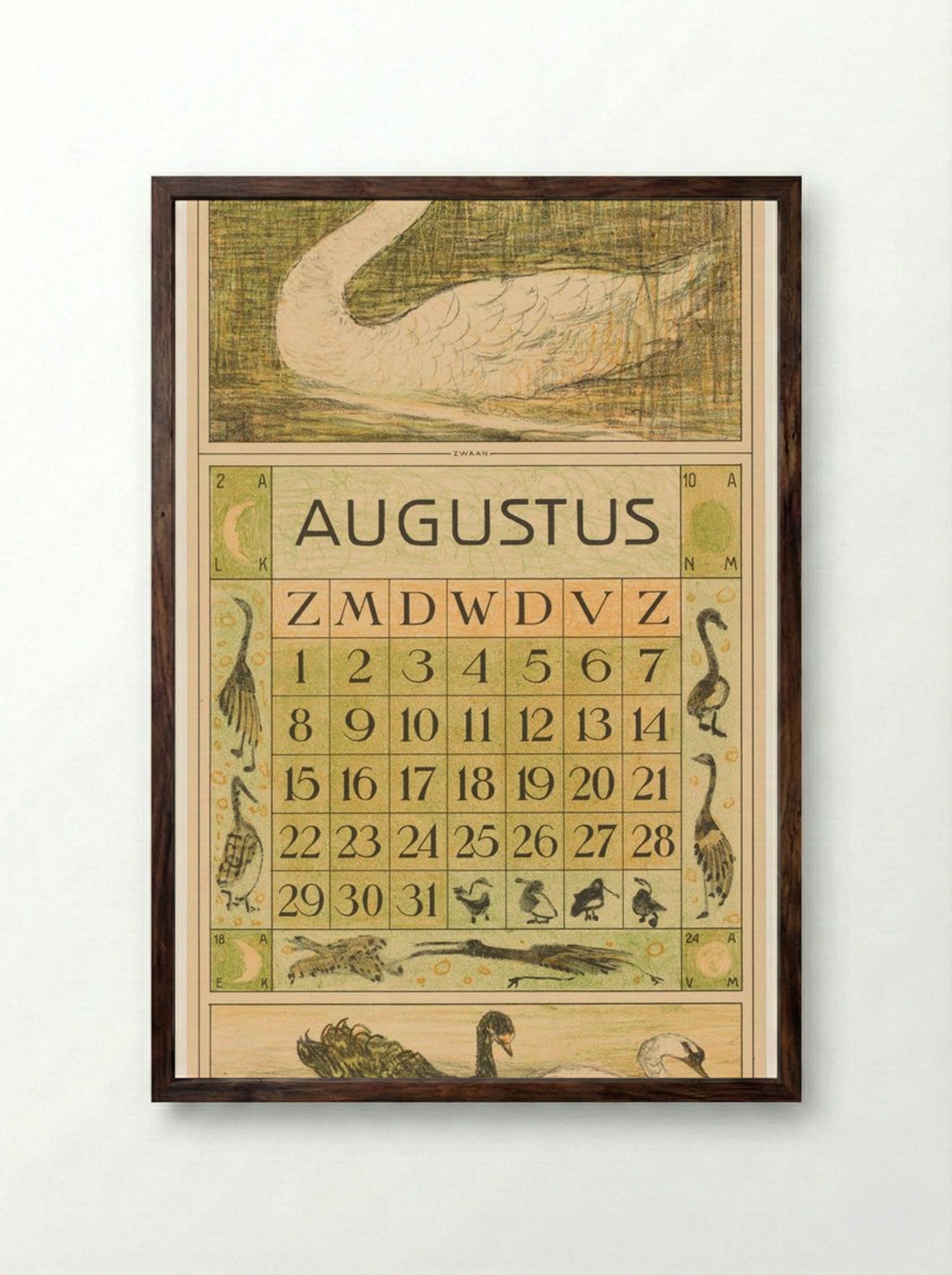 Kalenderblad Augustus met Zwaan - Theo van Hoytema - Framed Print Dark Wood