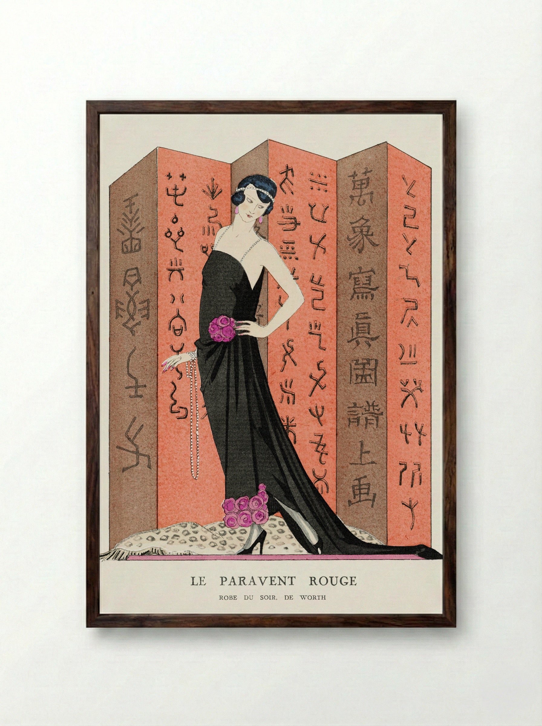 Le Paravent Rouge (Robe du Soir, de Worth) - George Barbier - Framed Print Dark Wood