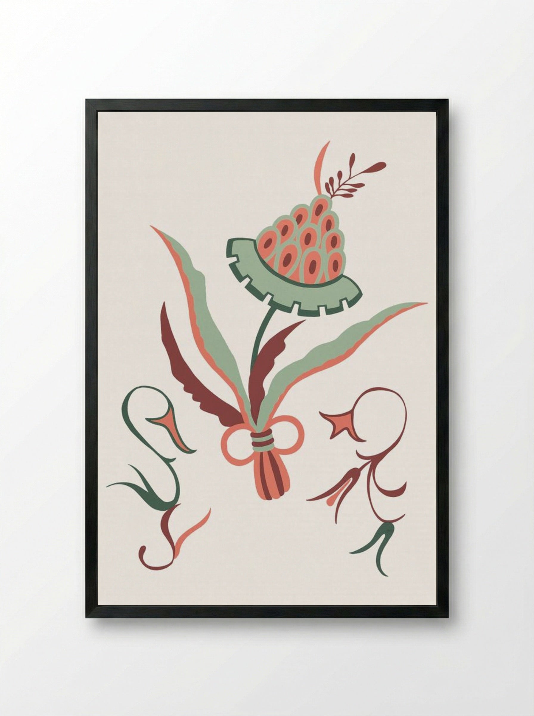 Floral Design with Swans - Fine Art Print - Framed Print Black