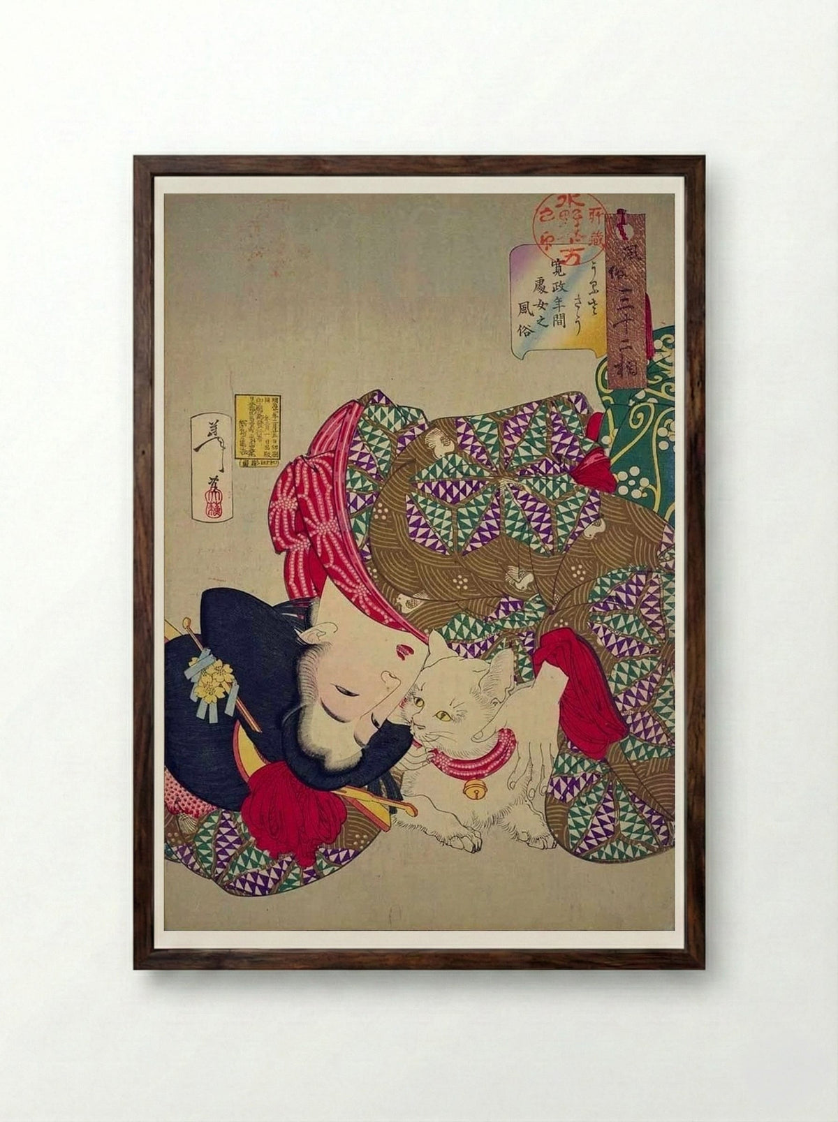 A Young Woman of the Kansei Era Playing with Her Cat - Tsukioka Yoshitoshi - Framed Print Dark Wood