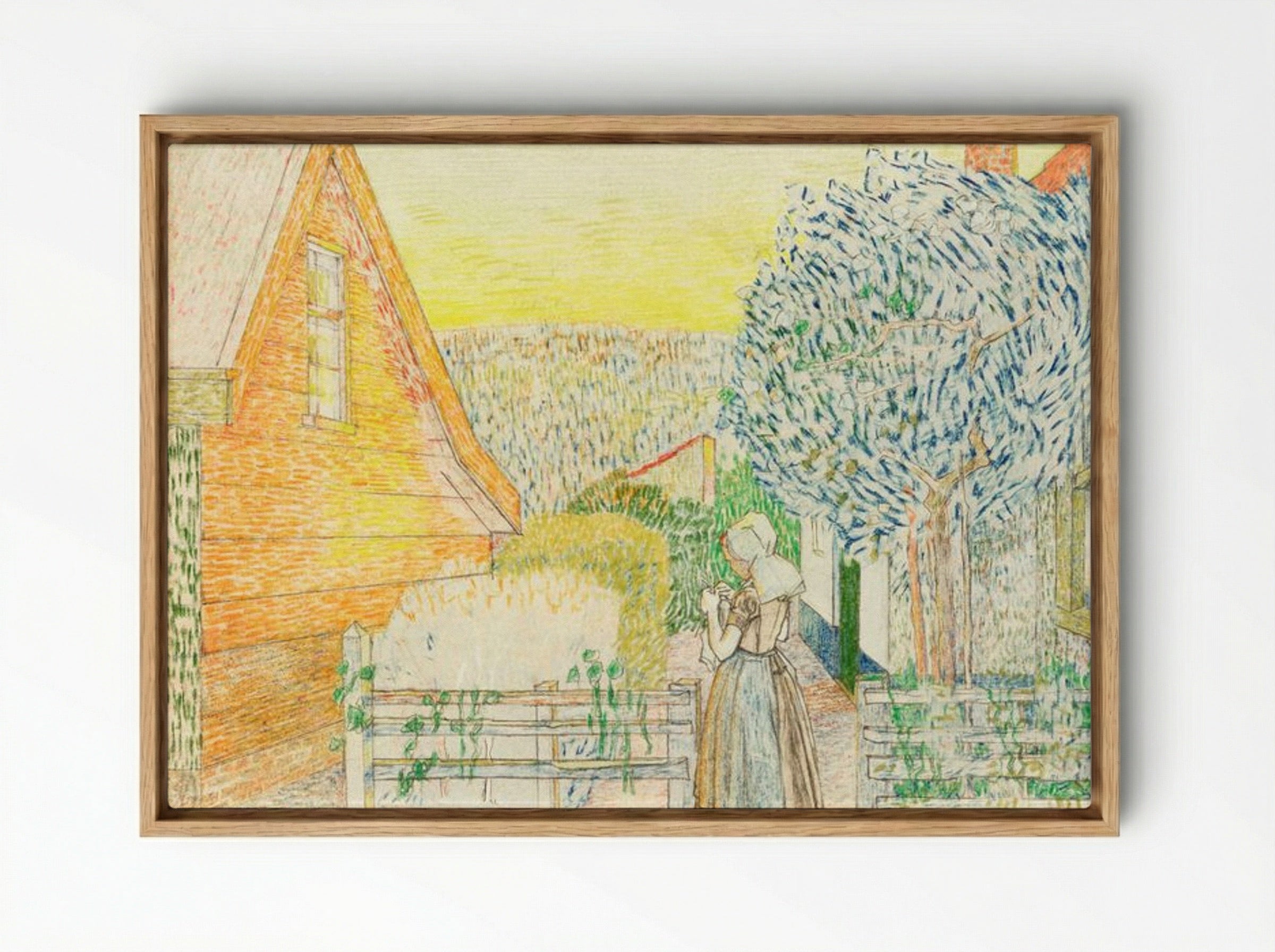 Zeeland Girl Knitting in a Courtyard - Jan Toorop - Framed Canvas Wood