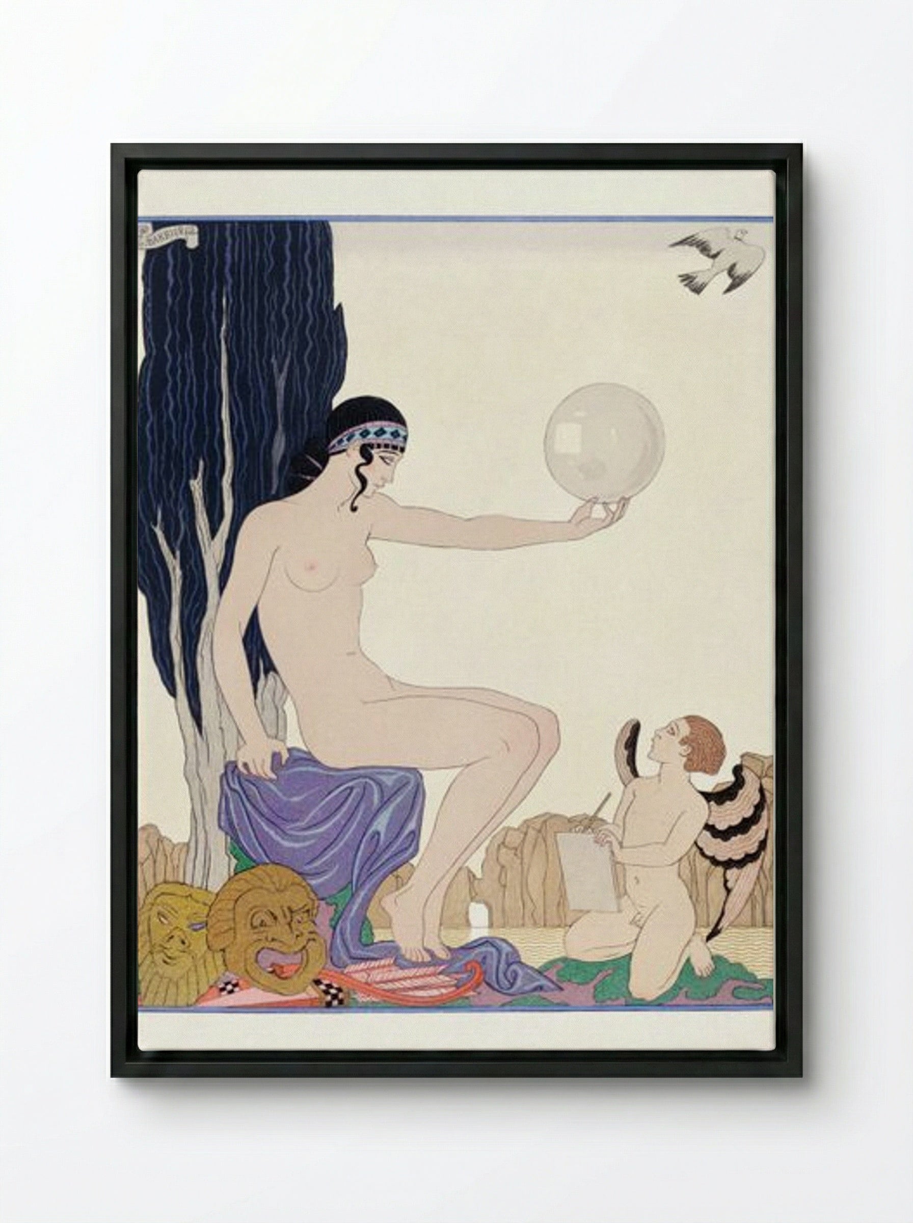 Seated Woman and Cherub - George Barbier - Framed Canvas Black