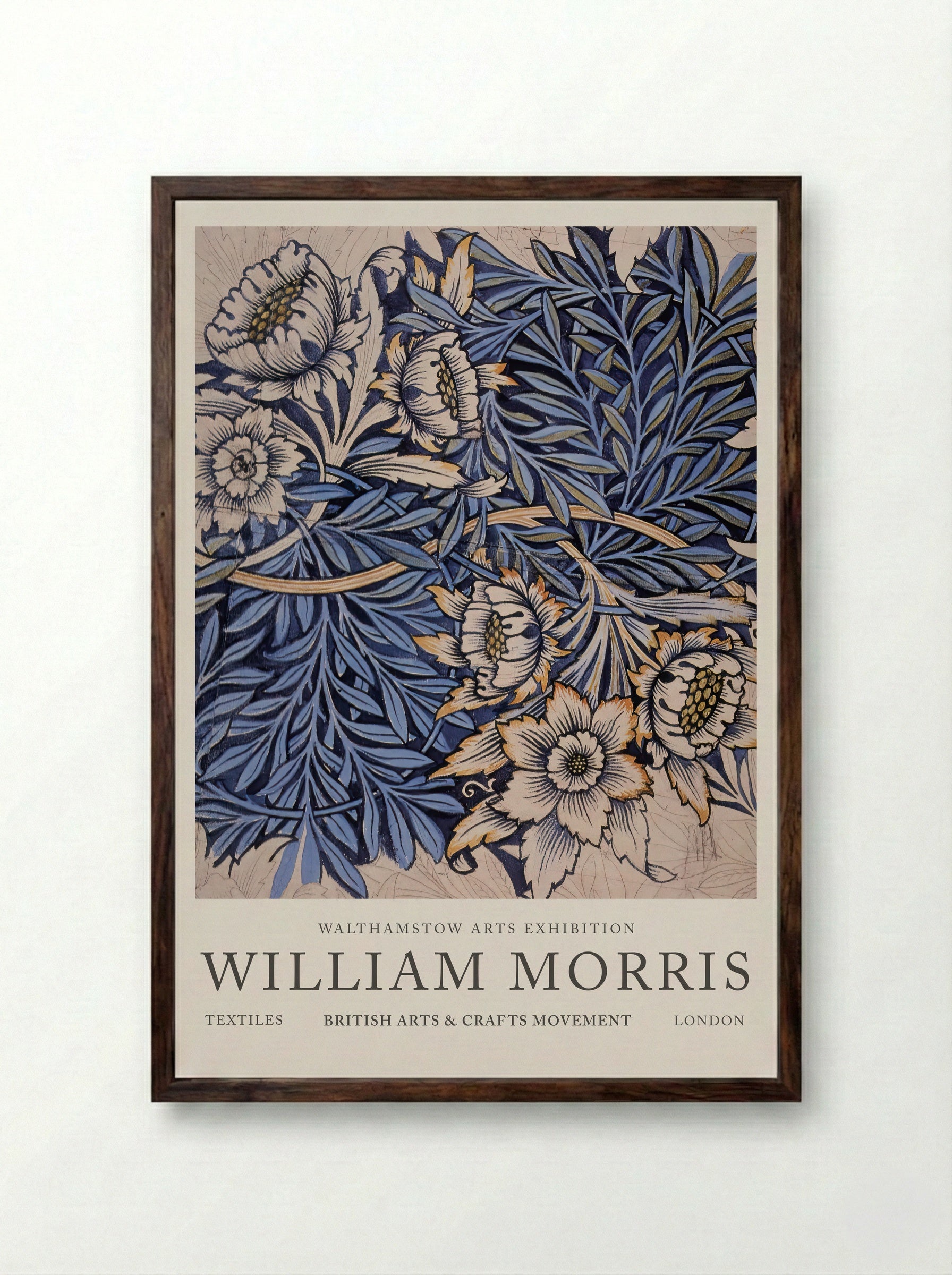 Design for Tulip and Willow indigo-discharge wood-block printed fabric - William Morris - Framed Print Dark Wood