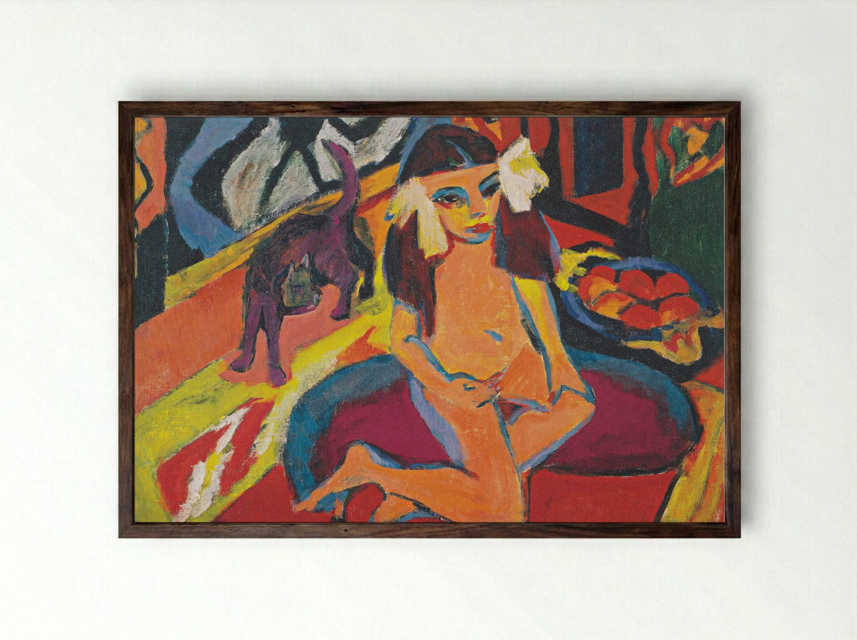Girl with Cat (Franzi) - Ernst Ludwig Kirchner - Framed Print Dark Wood