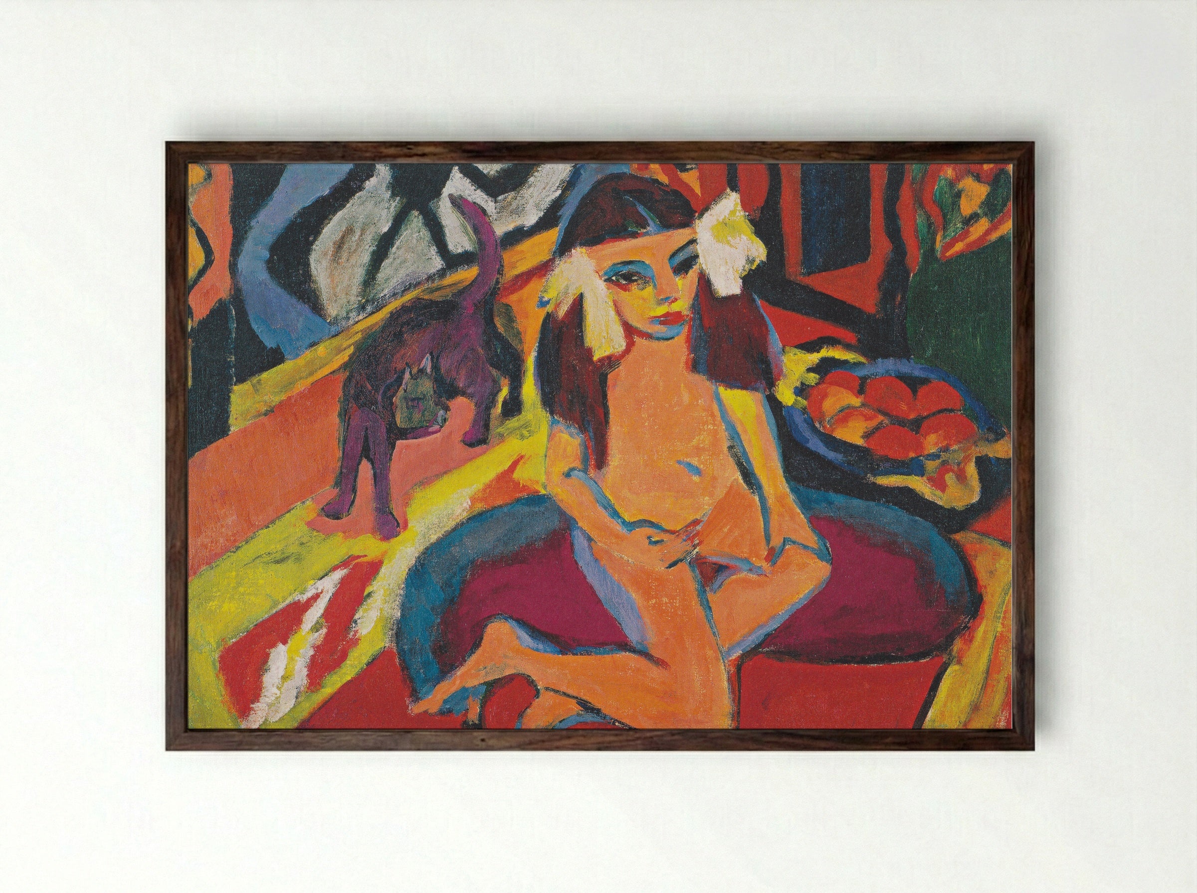 Girl with Cat (Franzi) - Ernst Ludwig Kirchner - Framed Print Dark Wood