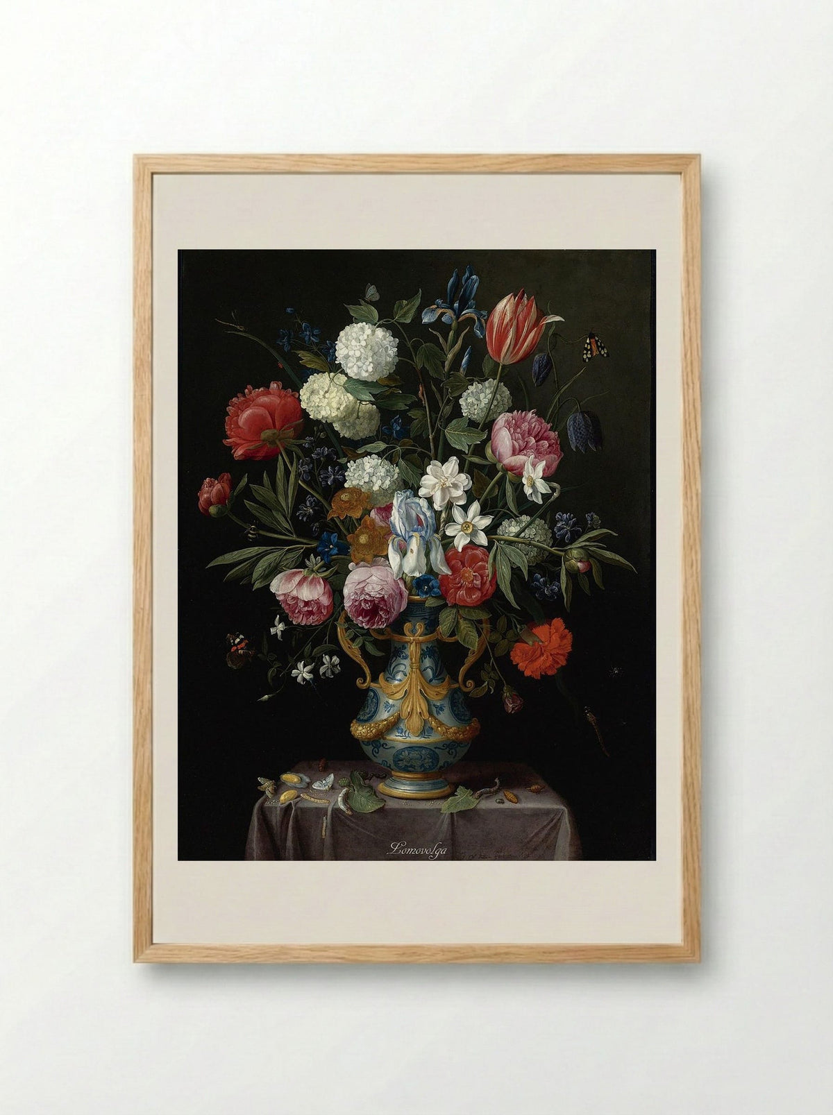 Still Life of Irises, Peonies, Narcissi, a Tulip and Other Flowers in a Blue-and-White Porcelain Vase with Ormolu Mounts on a Draped Pedestal - Jan van Kessel the Elder - Framed Print Wood