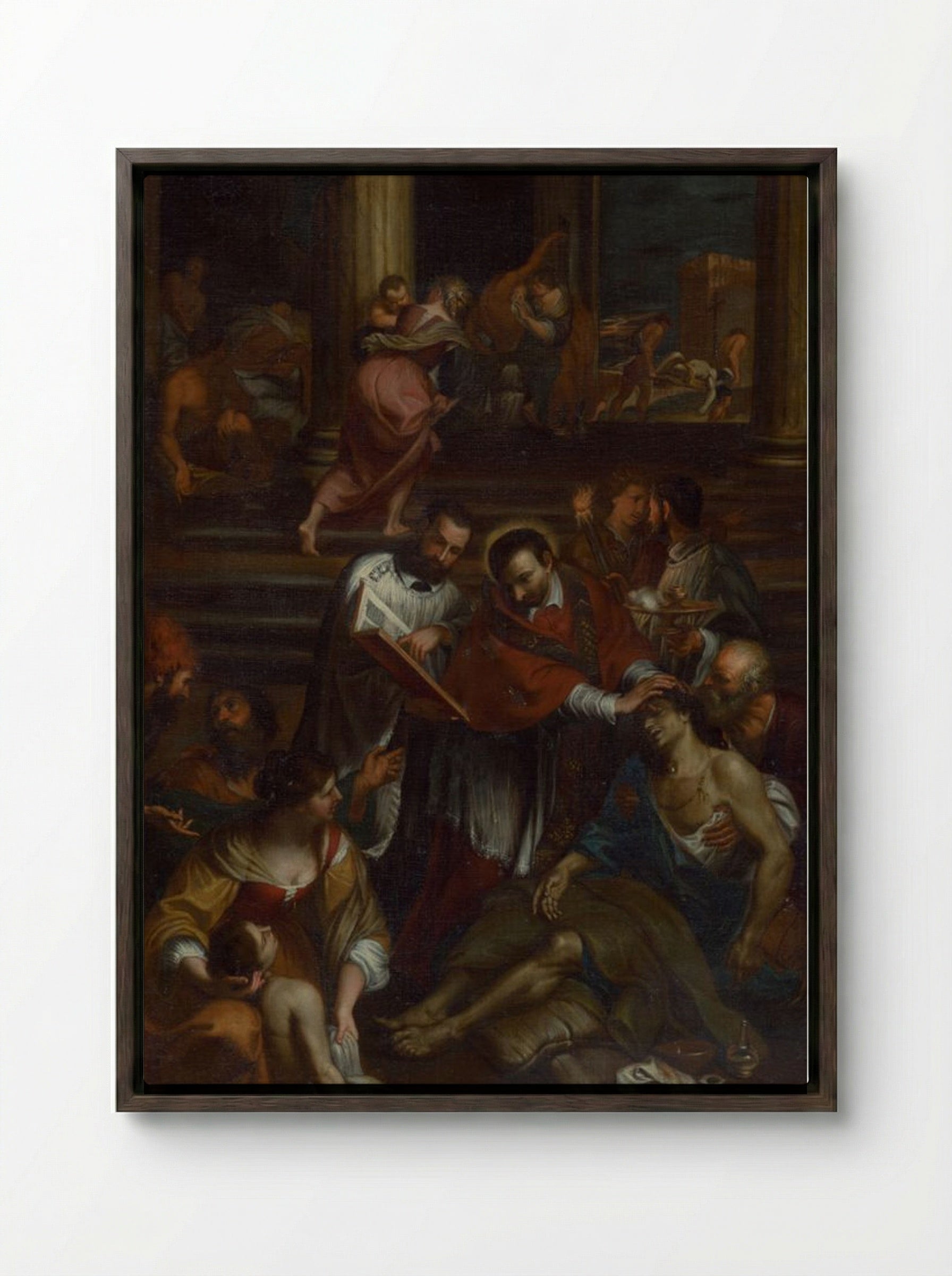 Saint Charles Borromeo Among Plague Victims - Fine Art Print - Framed Canvas Dark Wood