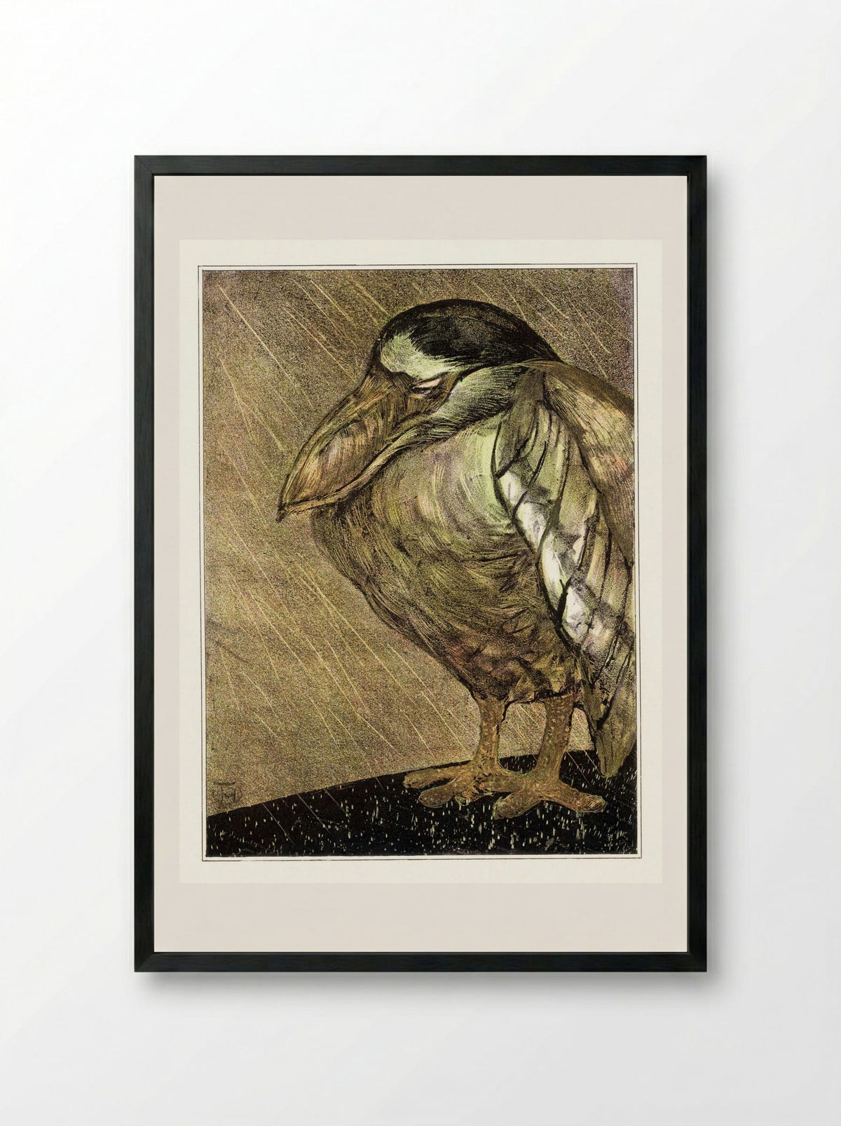 Schuitbekreiger in de regen (Night Heron in the Rain) - Theodorus van Hoytema - Framed Print Black