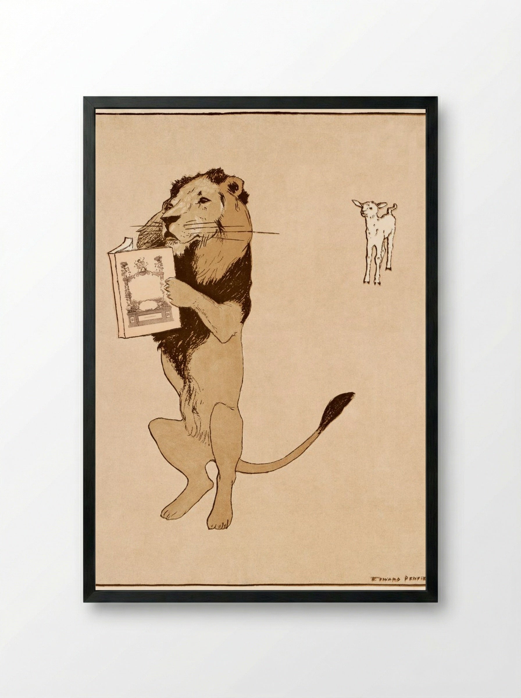 The Lion and the Book - Edward Penfield - Framed Print Black