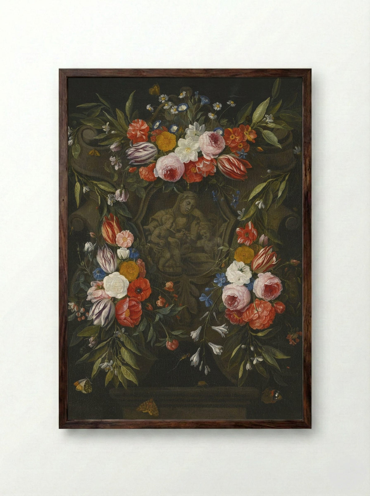 A Garland of Flowers Around a Stone Cartouche Depicting the Virgin and Child and Saint John - Jan van Kessel the Elder - Framed Print Dark Wood