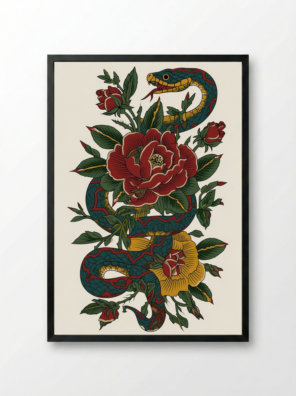 Snake and Roses - Neo Traditional Tattoo Art Print - Framed Print Black