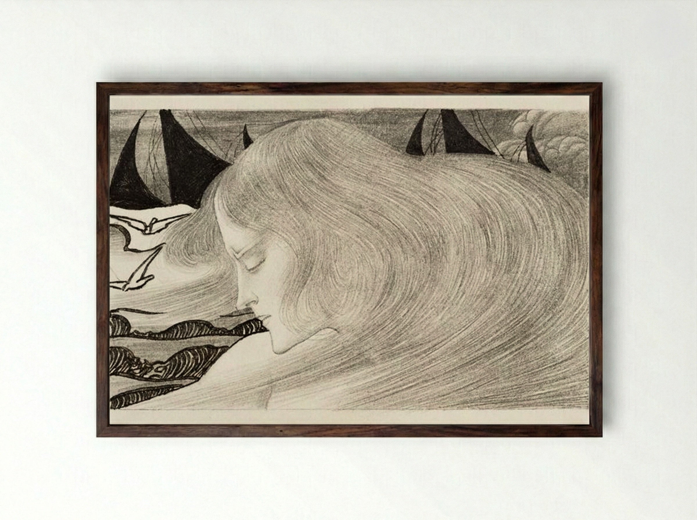 Young Woman with Wavy Hair in Front of a Sea with Ships - Jan Toorop - Framed Print Dark Wood