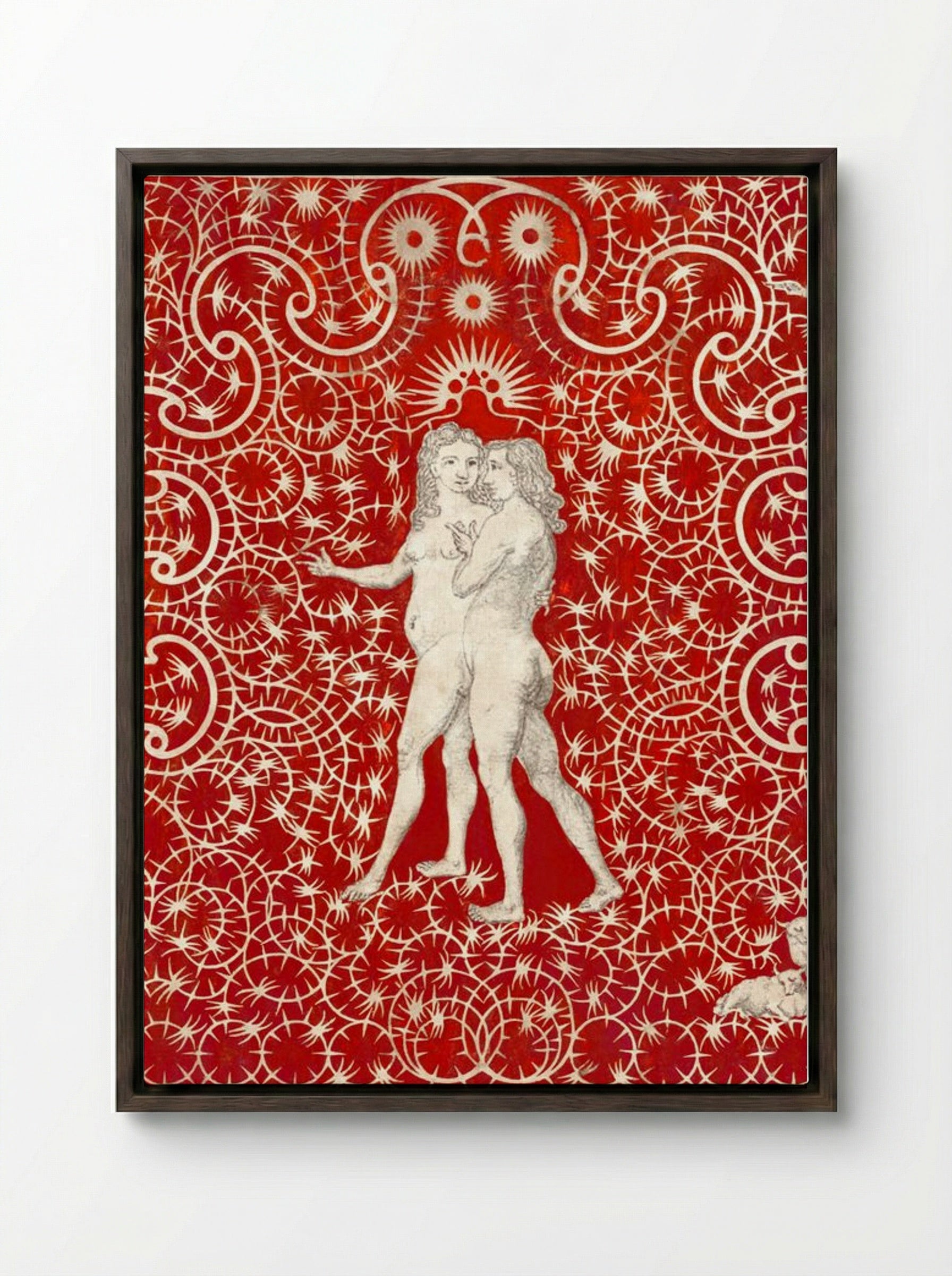 Adam and Eve in the Garden with a Pair of Sheep and a Pair of Doves - Fine Art Print - Framed Canvas Dark Wood