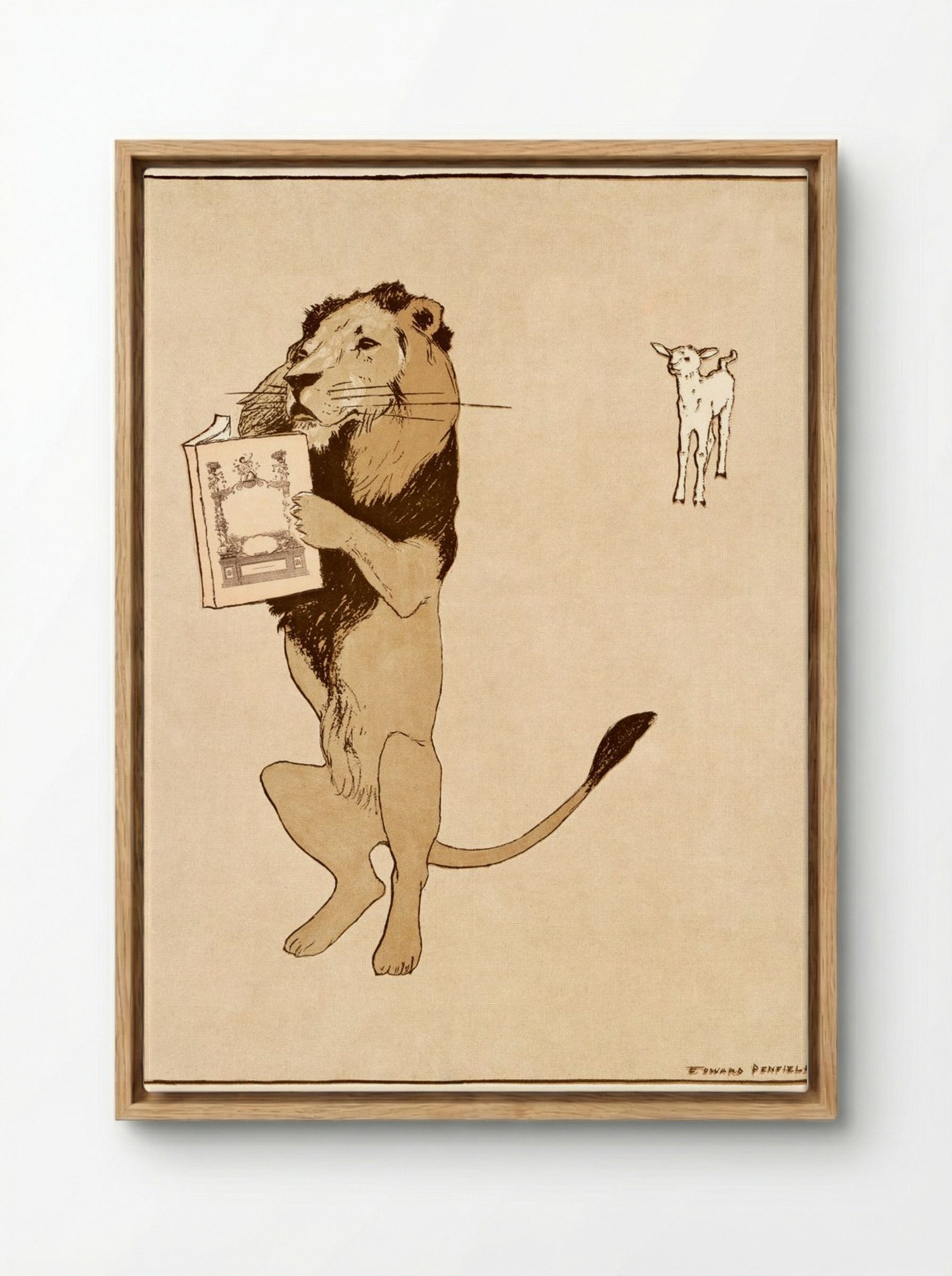 The Lion and the Book - Edward Penfield - Framed Canvas Wood
