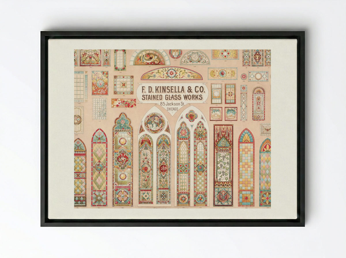 Stained Glass Works Designs - F. D. Kinsella & Co. - Framed Canvas Black