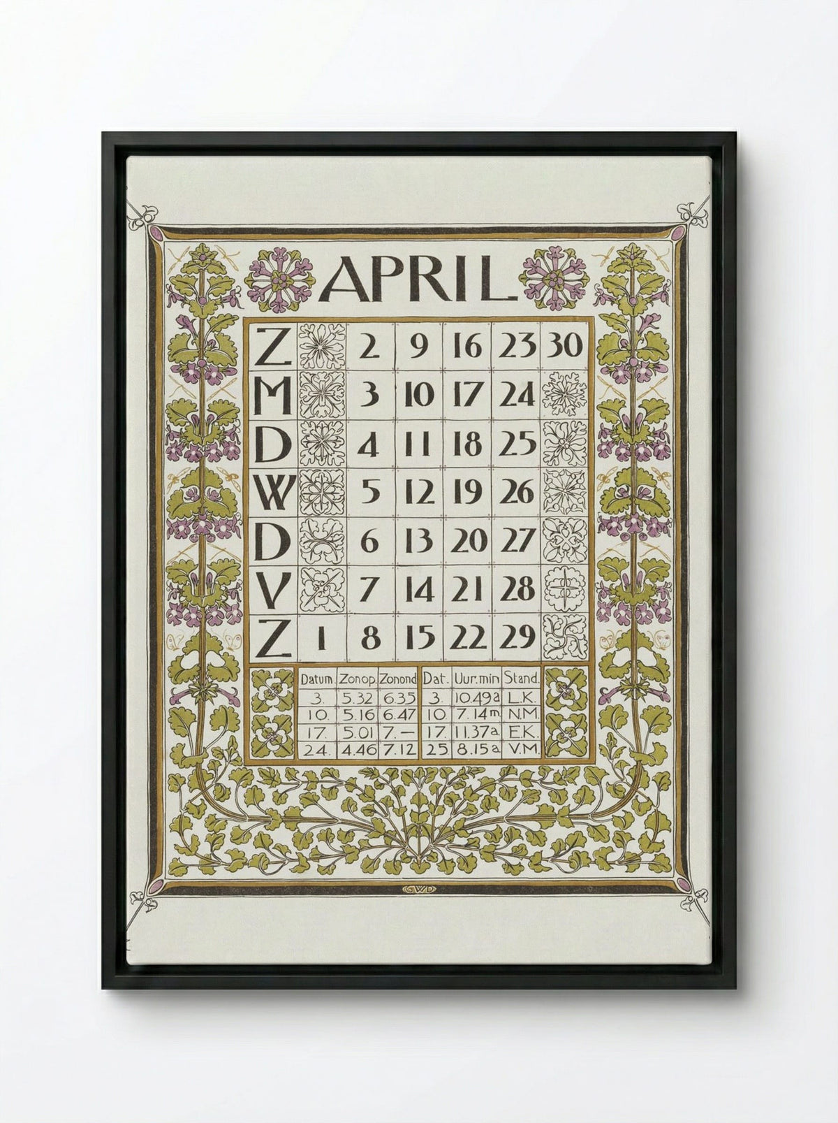 Calendar for April 1899 - Gerrit Willem Dijsselhof - Framed Canvas Black