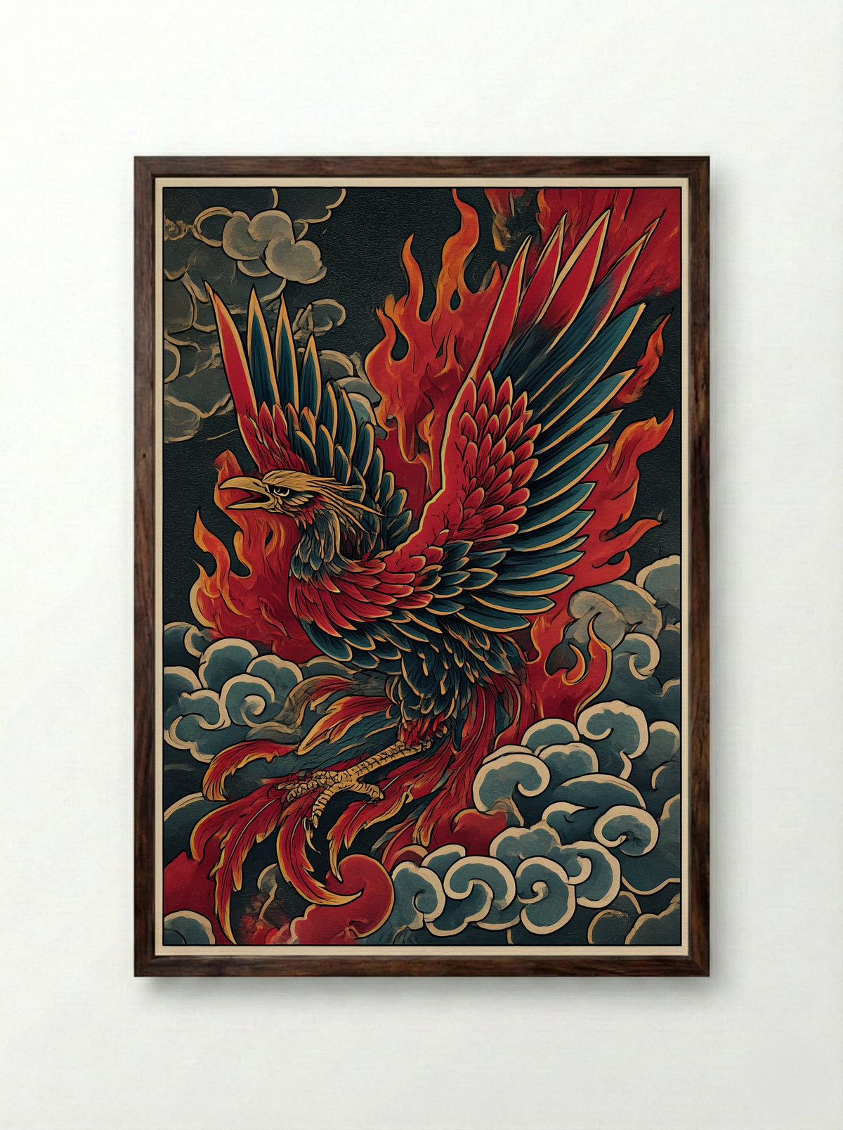 Phoenix Rising from Flames - Japanese Inspired Art Print - Framed Print Dark Wood
