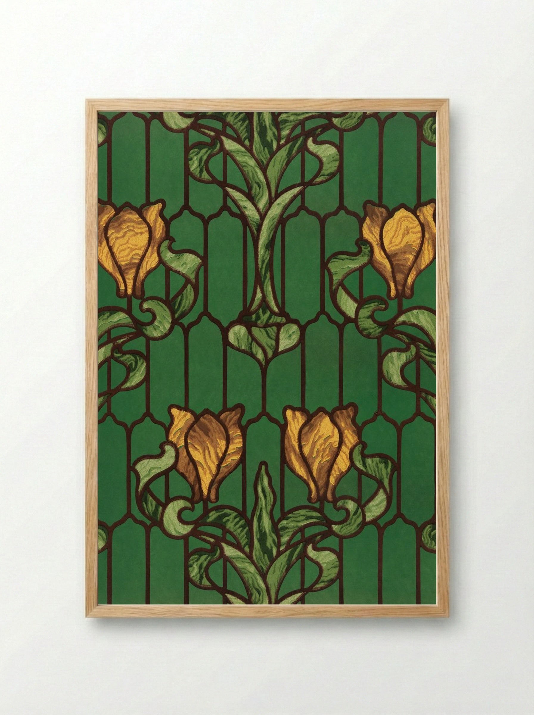Flower Patterned Stained Glass (Yellow Tulip with Green Foliage) - Fine Art Print - Framed Print Wood