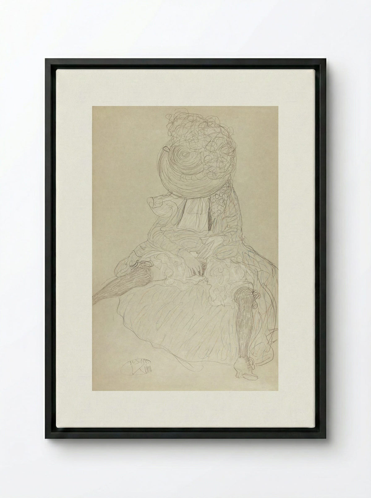 Seated Woman from the Front with Hat, Face Hooded - Gustav Klimt - Framed Canvas Black