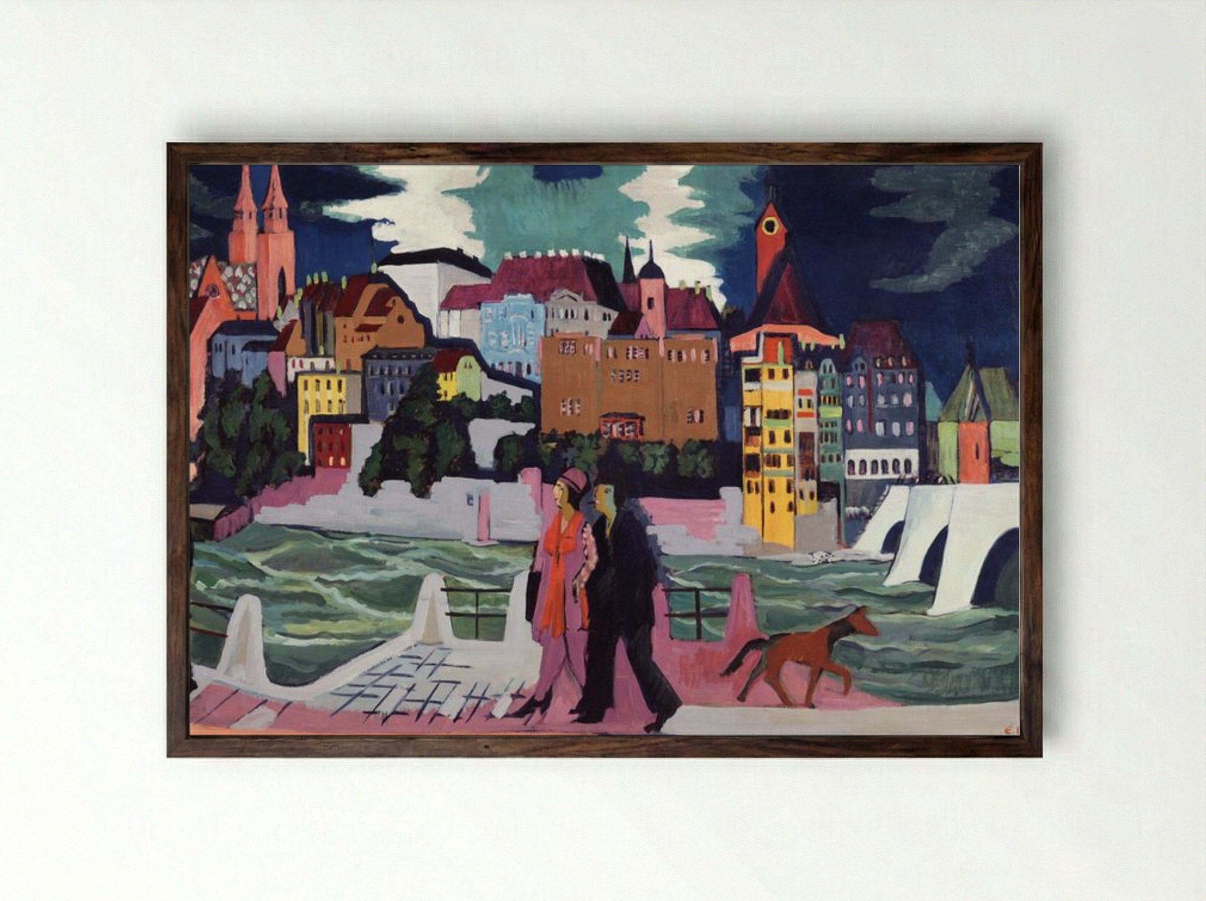 View of Basel and the Rhine - Ernst Ludwig Kirchner - Framed Print Dark Wood