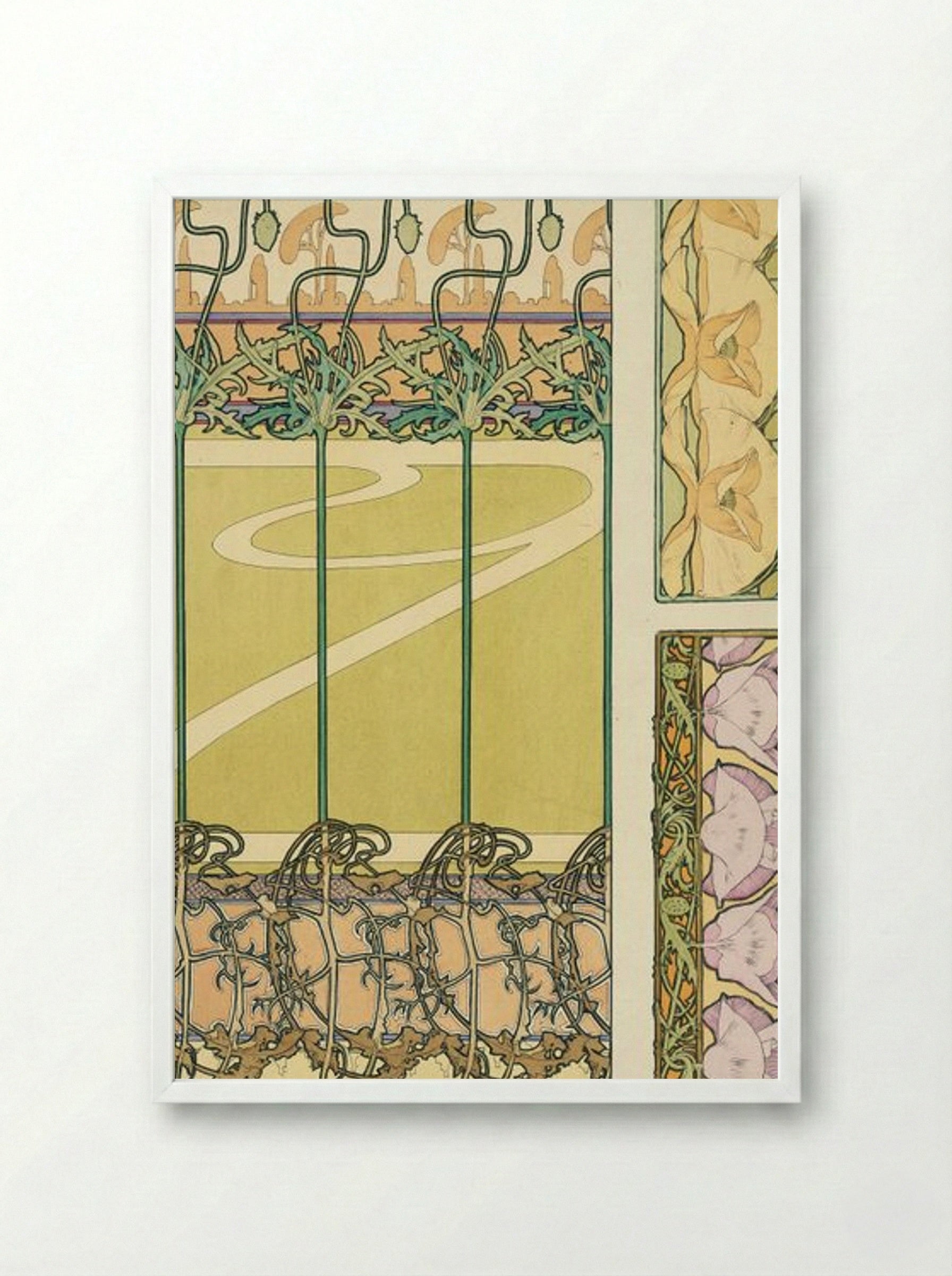 Floral Panel Design with Poppies and Morning Glories - Alphonse Mucha - Framed Print White