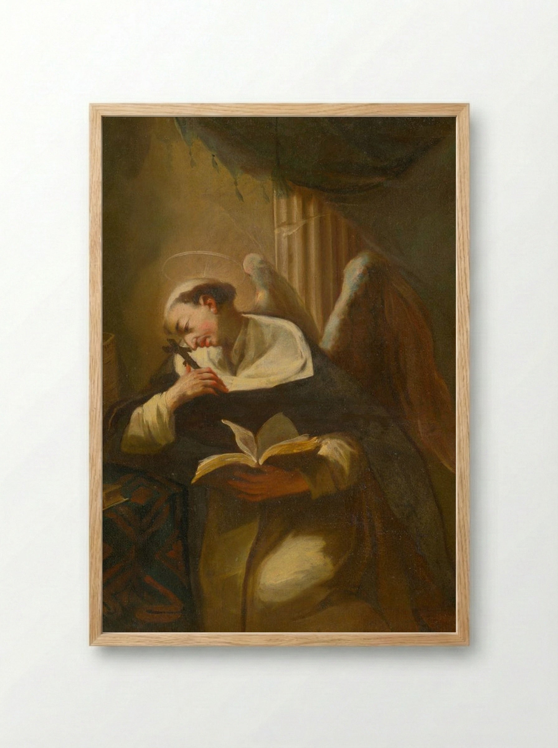 Kneeling Saint with Cross and Book - Fine Art Print - Framed Print Wood
