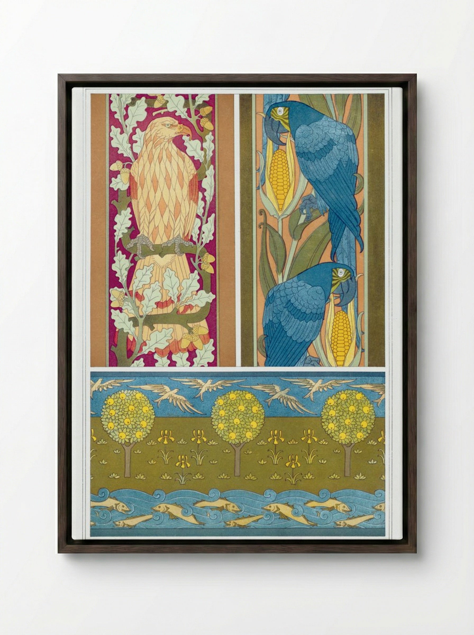 L'Animal dans la Décoration, Plate 12 (Eagle, Macaws, Fish and Birds) - Maurice Pillard Verneuil - Framed Canvas Dark Wood