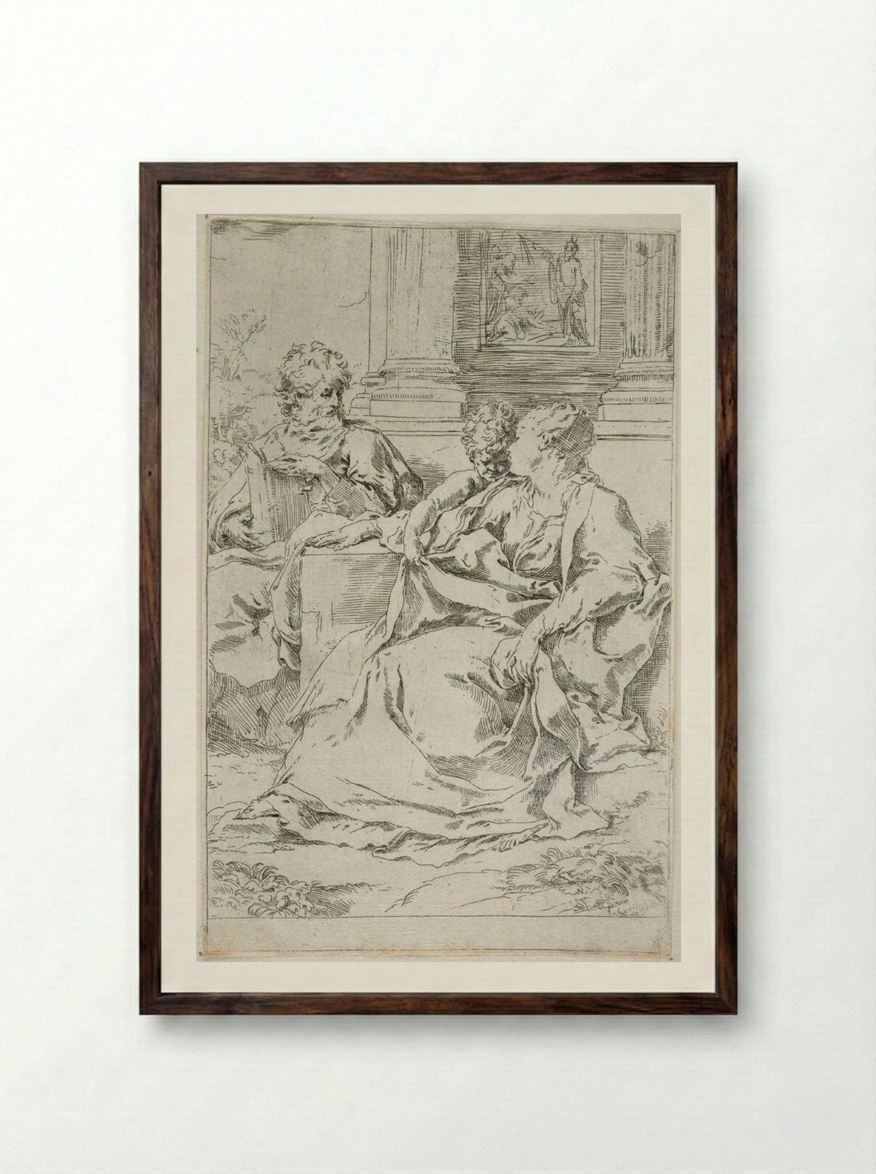 The Holy Family with Scriptural Scene in Background - Guido Reni - Framed Print Dark Wood