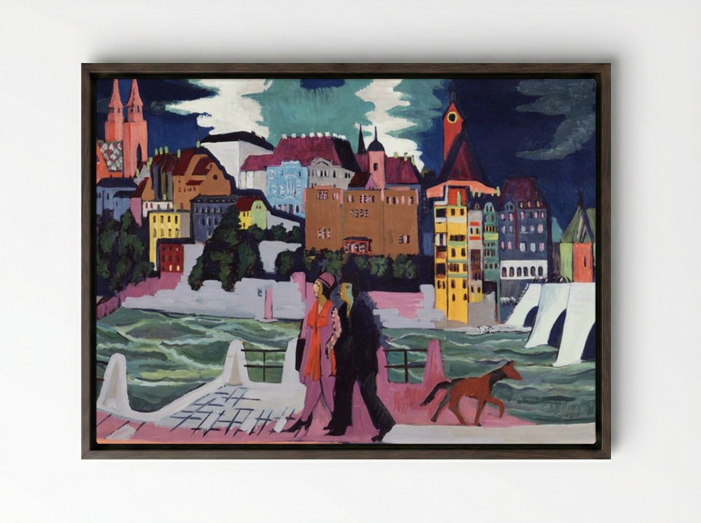 View of Basel and the Rhine - Ernst Ludwig Kirchner - Framed Canvas Dark Wood