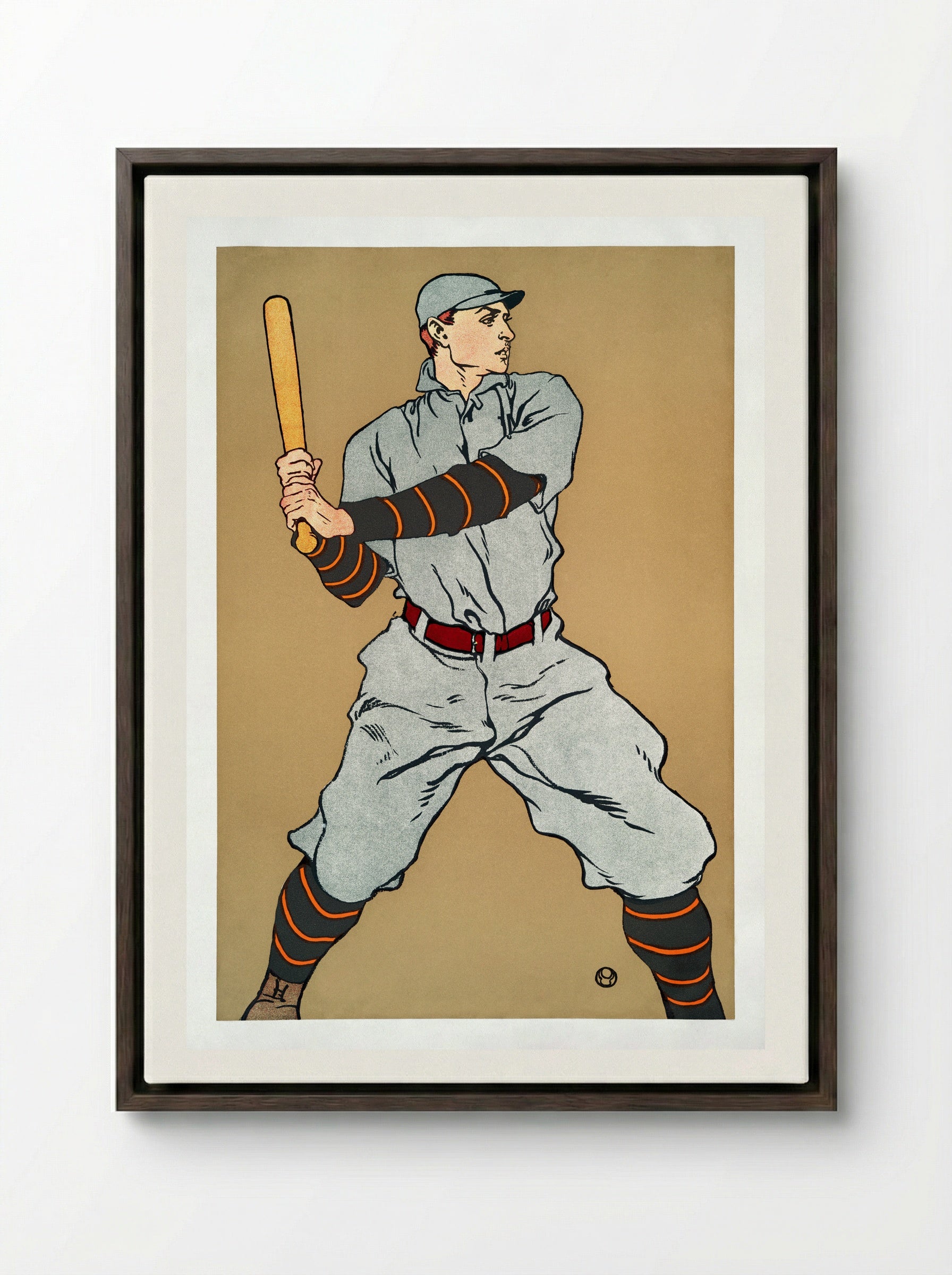 Baseball Player Holding a Bat - Edward Penfield - Framed Canvas Dark Wood