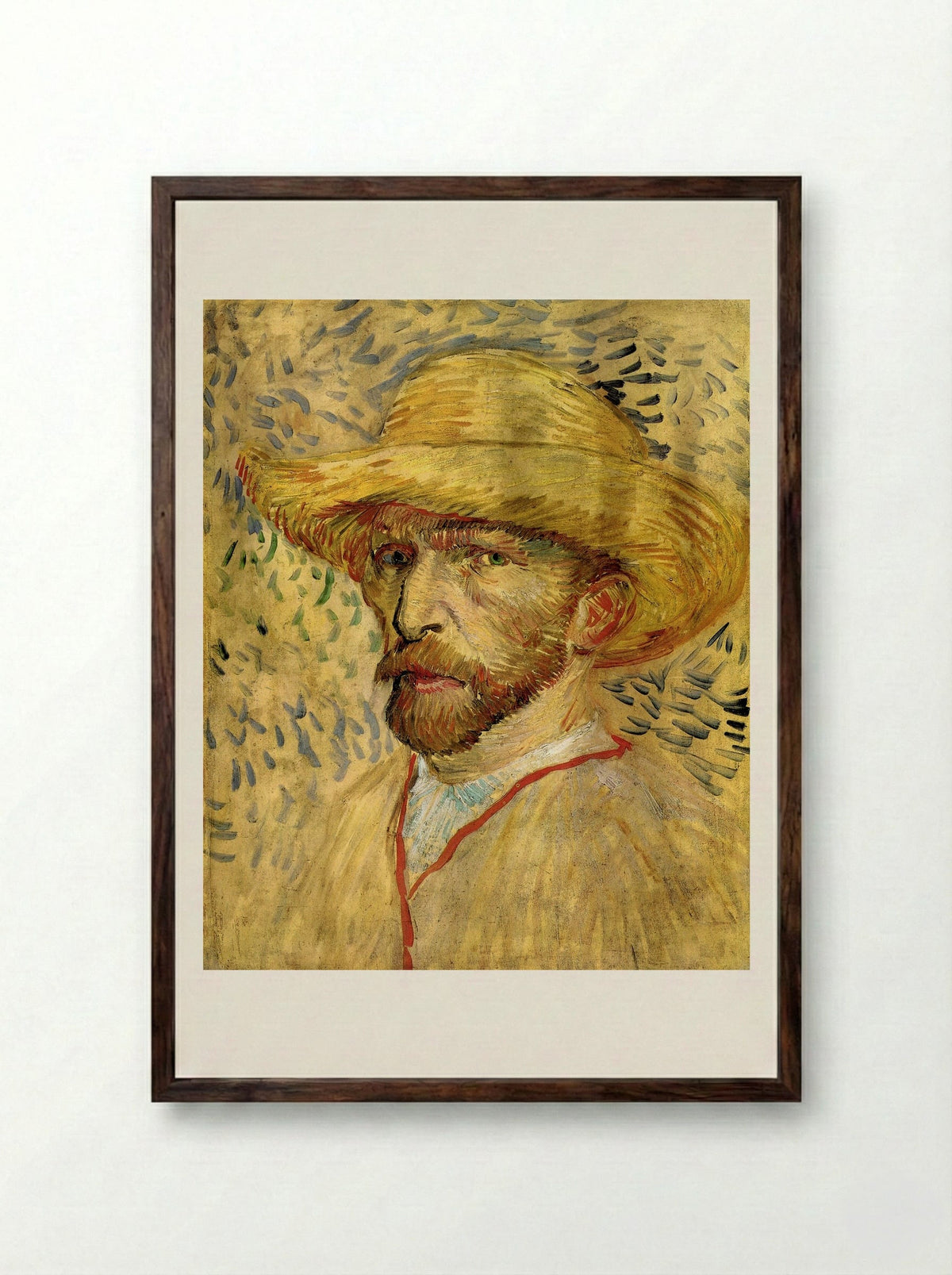 Self-Portrait with Straw Hat - Vincent van Gogh - Framed Print Dark Wood