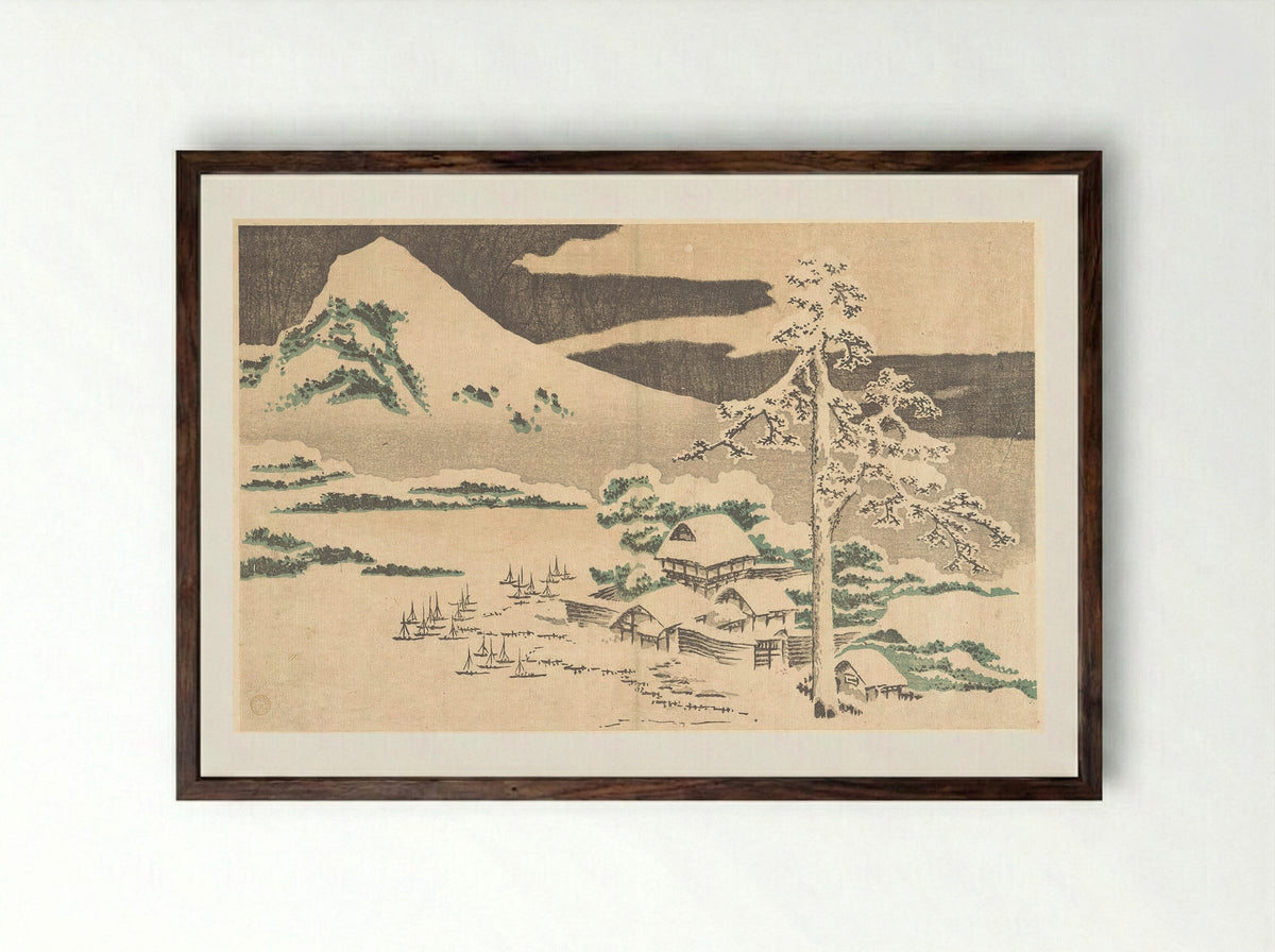 Seaside Village in Winter, from Hokusai’s Album of Realistic Pictures (Hokusai shashin gafu) - Katsushika Hokusai - Framed Print Dark Wood