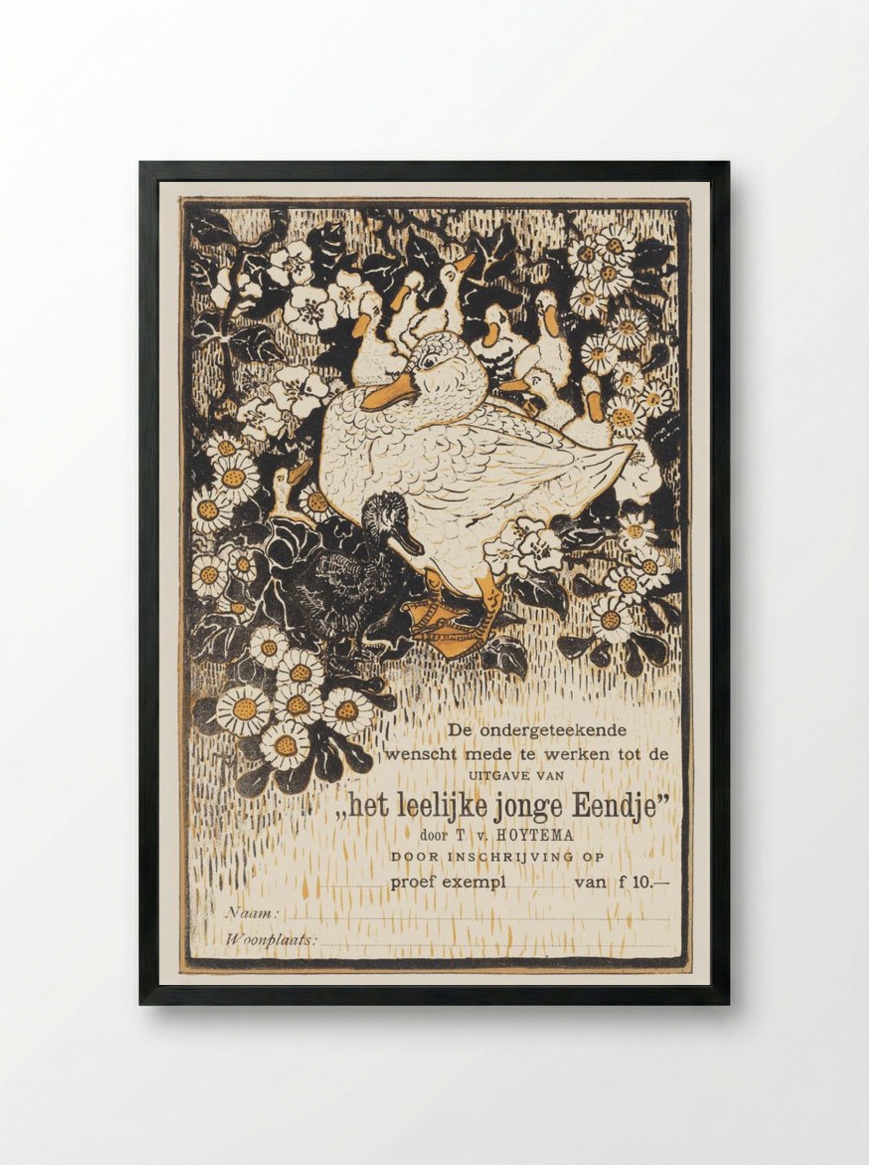 Bestelkaart voor proefexemplaar van 'Het leelijke jonge Eendje' - Theo van Hoytema - Framed Print Black