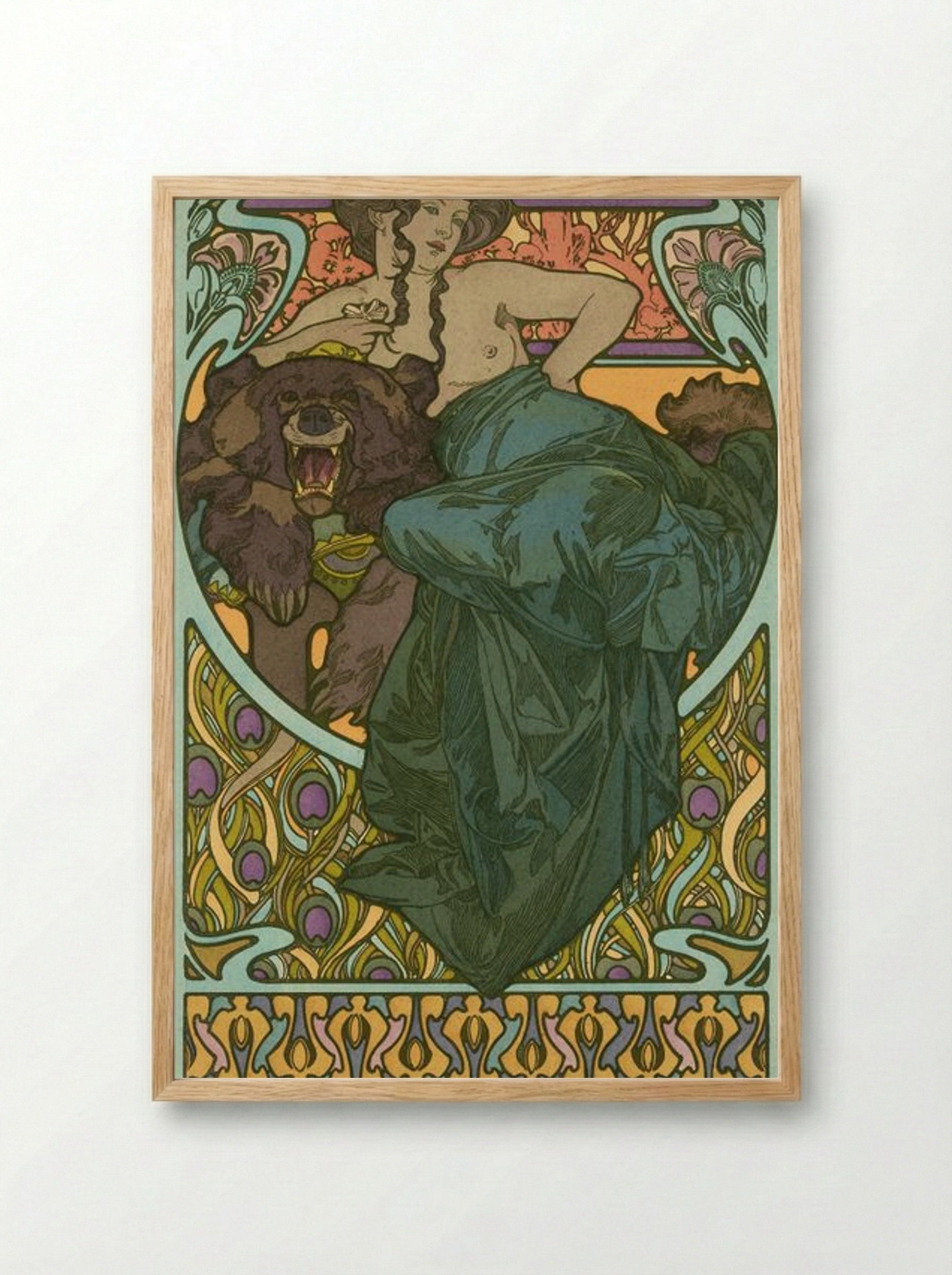 Untitled (Woman with Bear) - Alphonse Mucha - Framed Print Wood