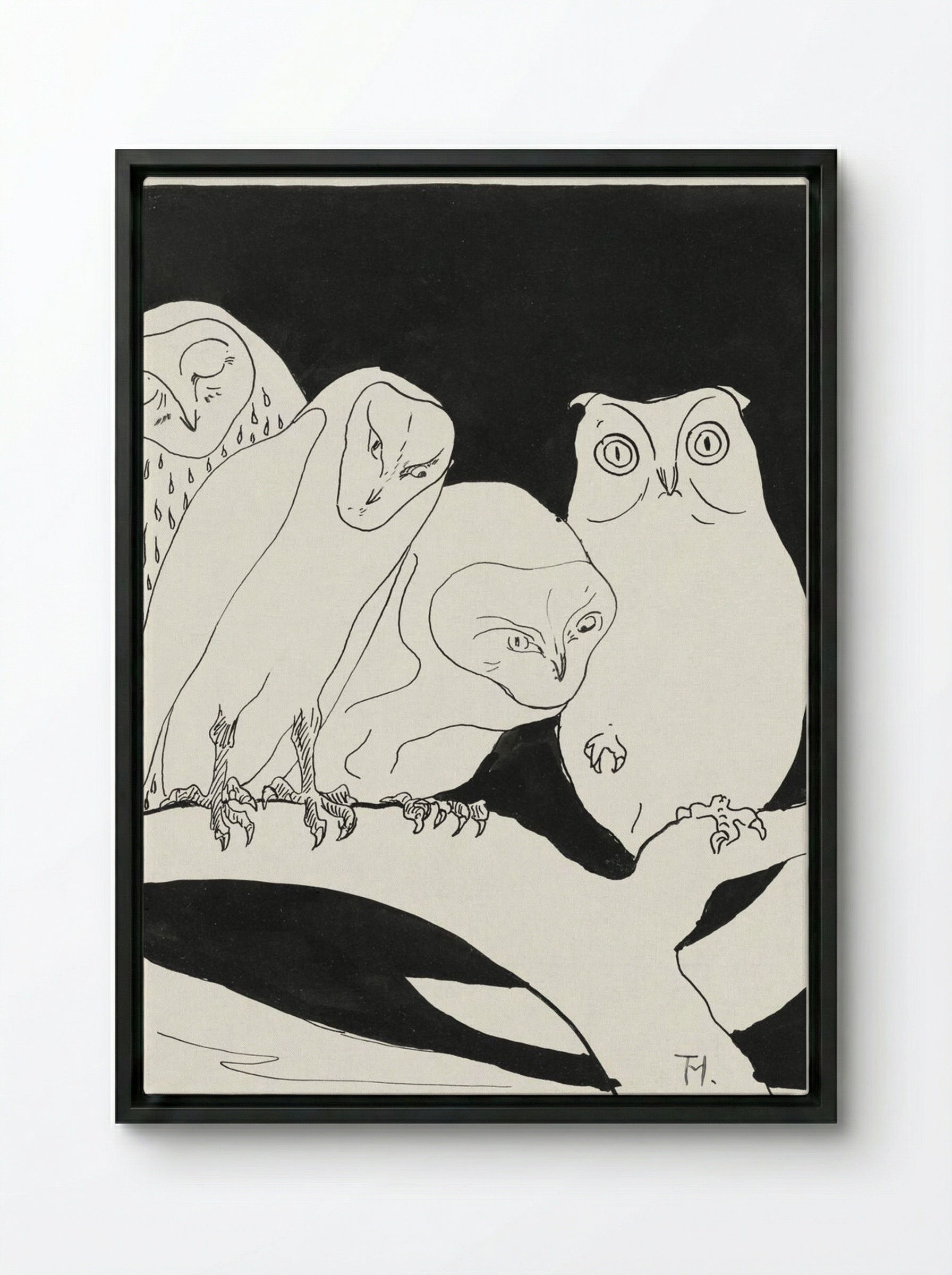 Owls on a Branch - Theo van Hoytema - Framed Canvas Black