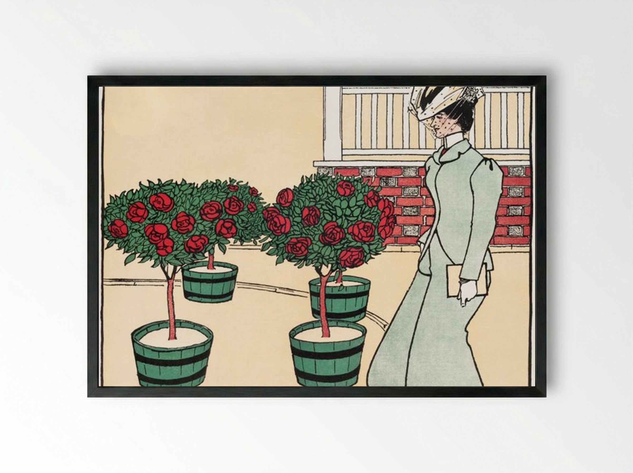 Woman in Rose Garden - Edward Penfield - Framed Print Black