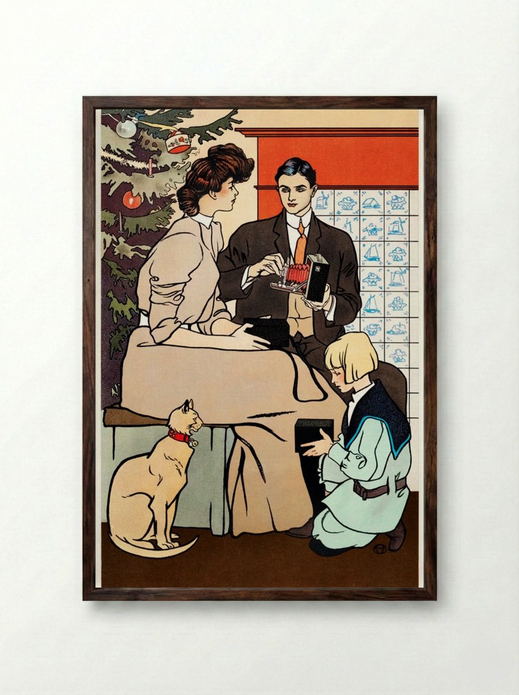 Vintage Christmas Morning (Family Scene with Camera) - Edward Penfield - Framed Print Dark Wood