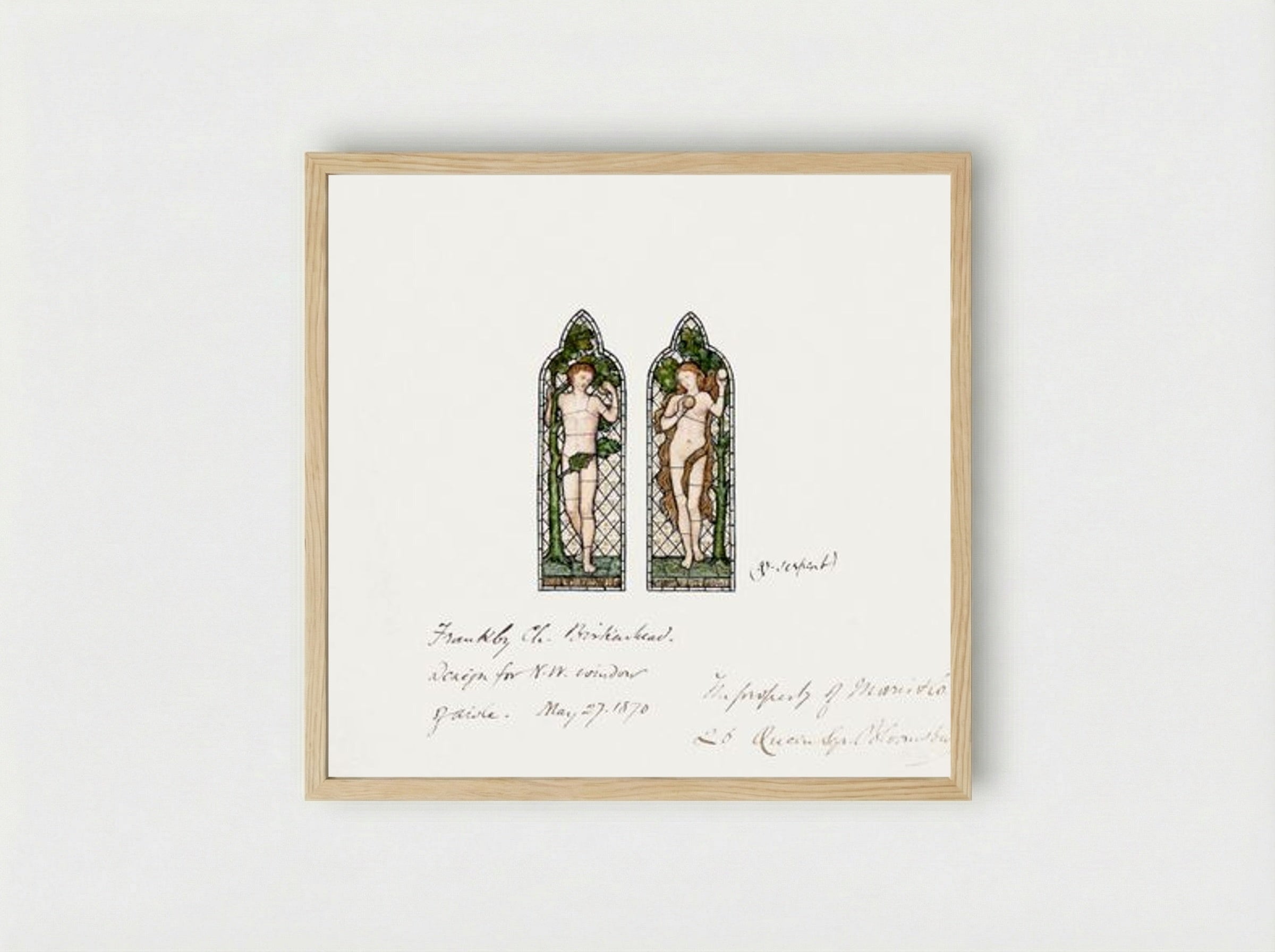 Design for Stained Glass Window: Adam and Eve - Fine Art Print - Framed Print Wood