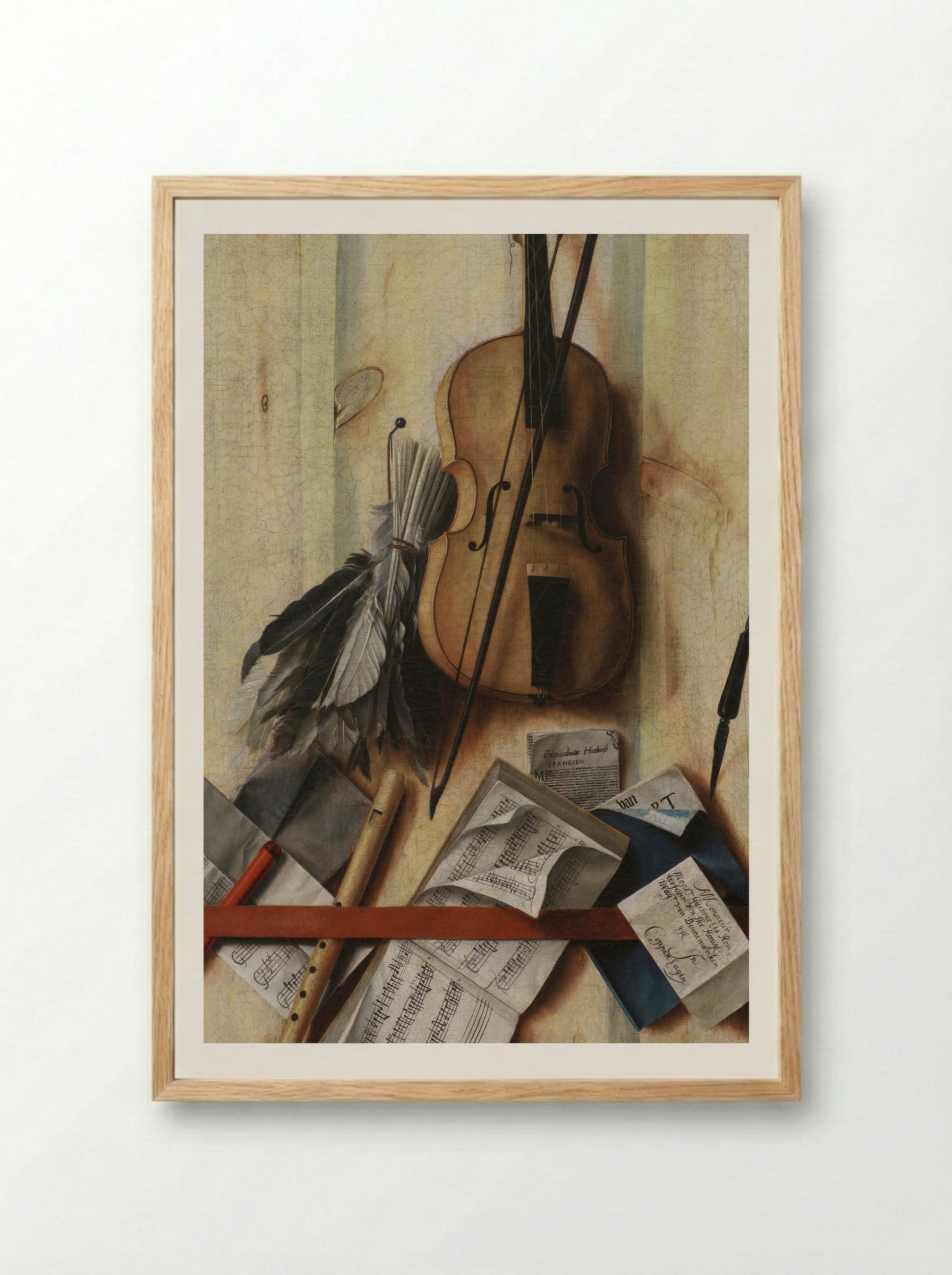 Trompe l'oeil with violin, sheet music and recorder - Cornelis Norbertus Gysbrechts - Framed Print Wood